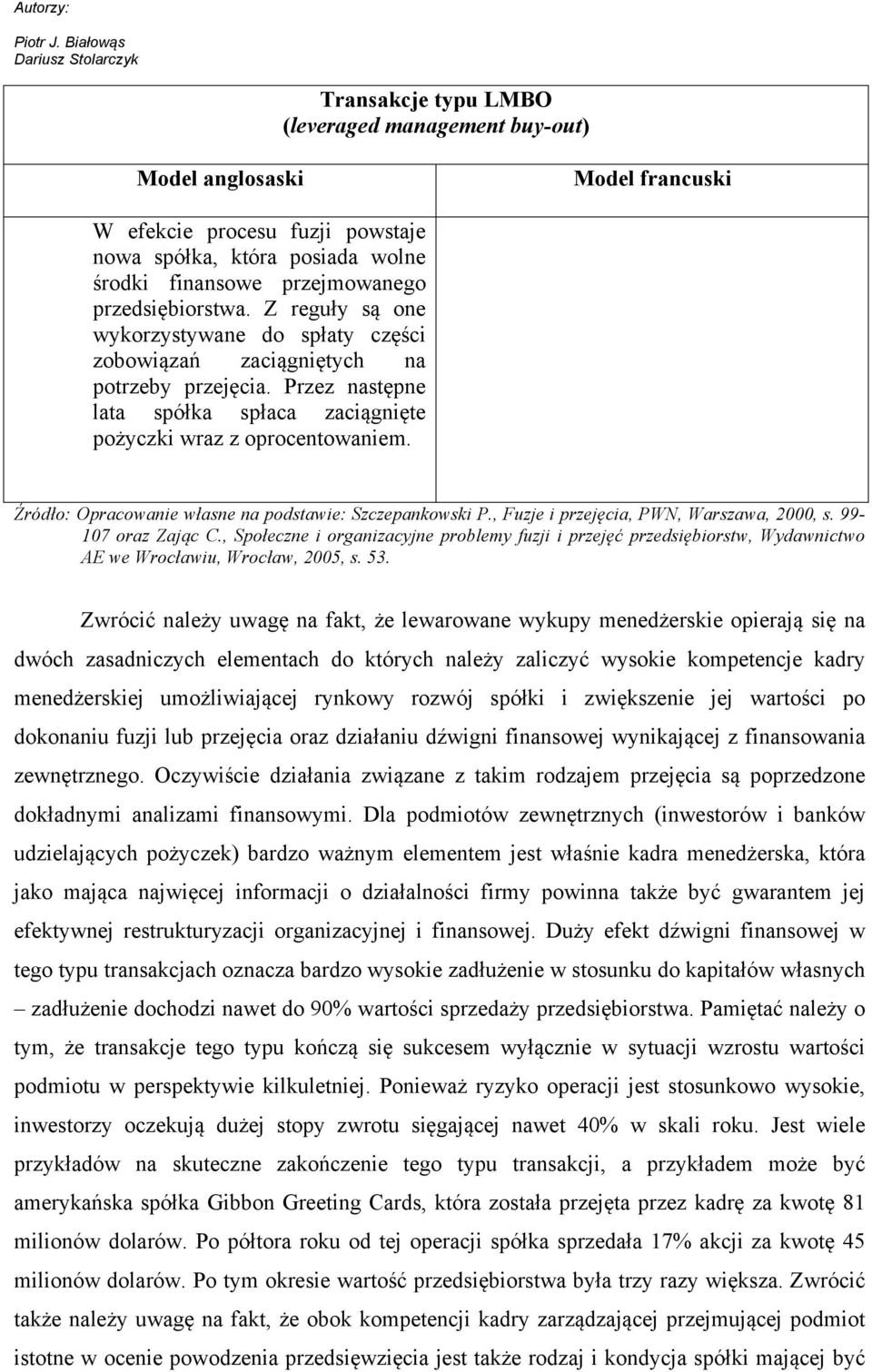 Źródło: Opracowanie własne na podstawie: Szczepankowski P., Fuzje i przejęcia, PWN, Warszawa, 2000, s. 99-107 oraz Zając C.