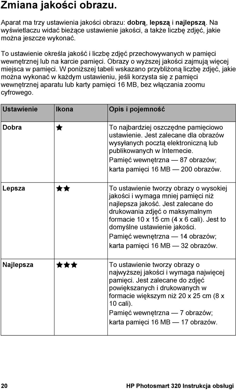 W poniższej tabeli wskazano przybliżoną liczbę zdjęć, jakie można wykonać w każdym ustawieniu, jeśli korzysta się z pamięci wewnętrznej aparatu lub karty pamięci 16 MB, bez włączania zoomu cyfrowego.