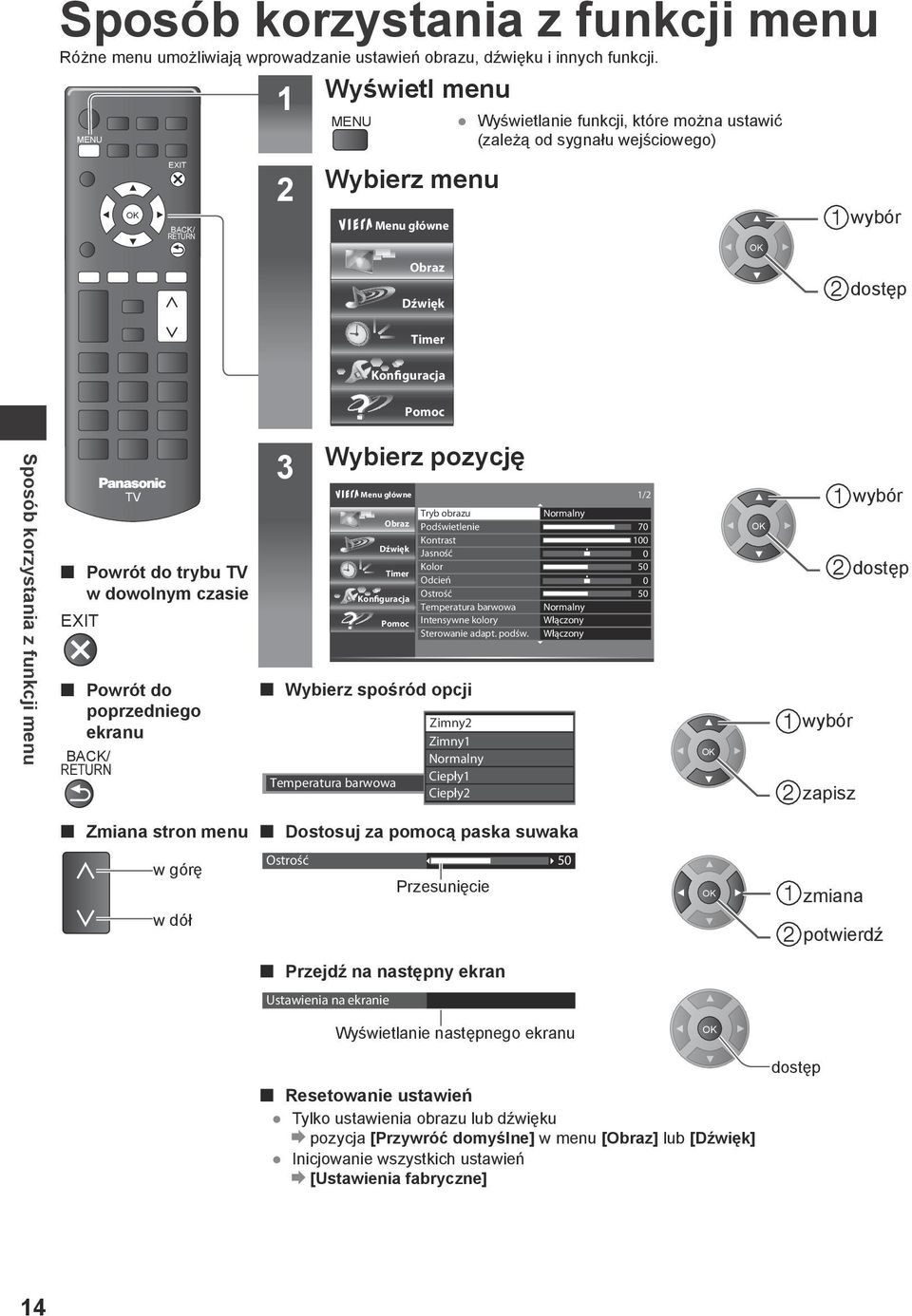 Sposób korzystania z funkcji menu TV Powrót do trybu TV w dowolnym czasie EXIT Powrót do poprzedniego ekranu BACK/ RETURN Menu główne 1/2 Obraz Dźwięk Timer Konfiguracja Select Pomoc Wybierz spośród