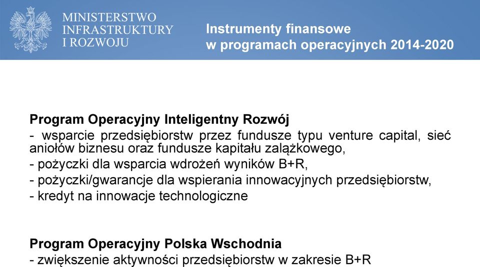 wdrożeń wyników B+R, - pożyczki/gwarancje dla wspierania Instrumenty innowacyjnych finansowe przedsiębiorstw, -