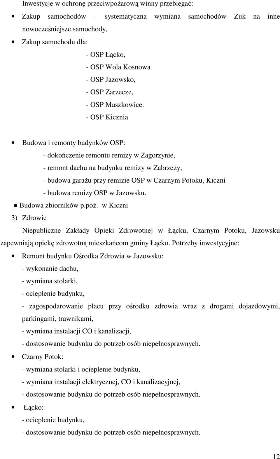 - OSP Kicznia Budowa i remonty budynków OSP: - dokończenie remontu remizy w Zagorzynie, - remont dachu na budynku remizy w ZabrzeŜy, - budowa garaŝu przy remizie OSP w Czarnym Potoku, Kiczni - budowa