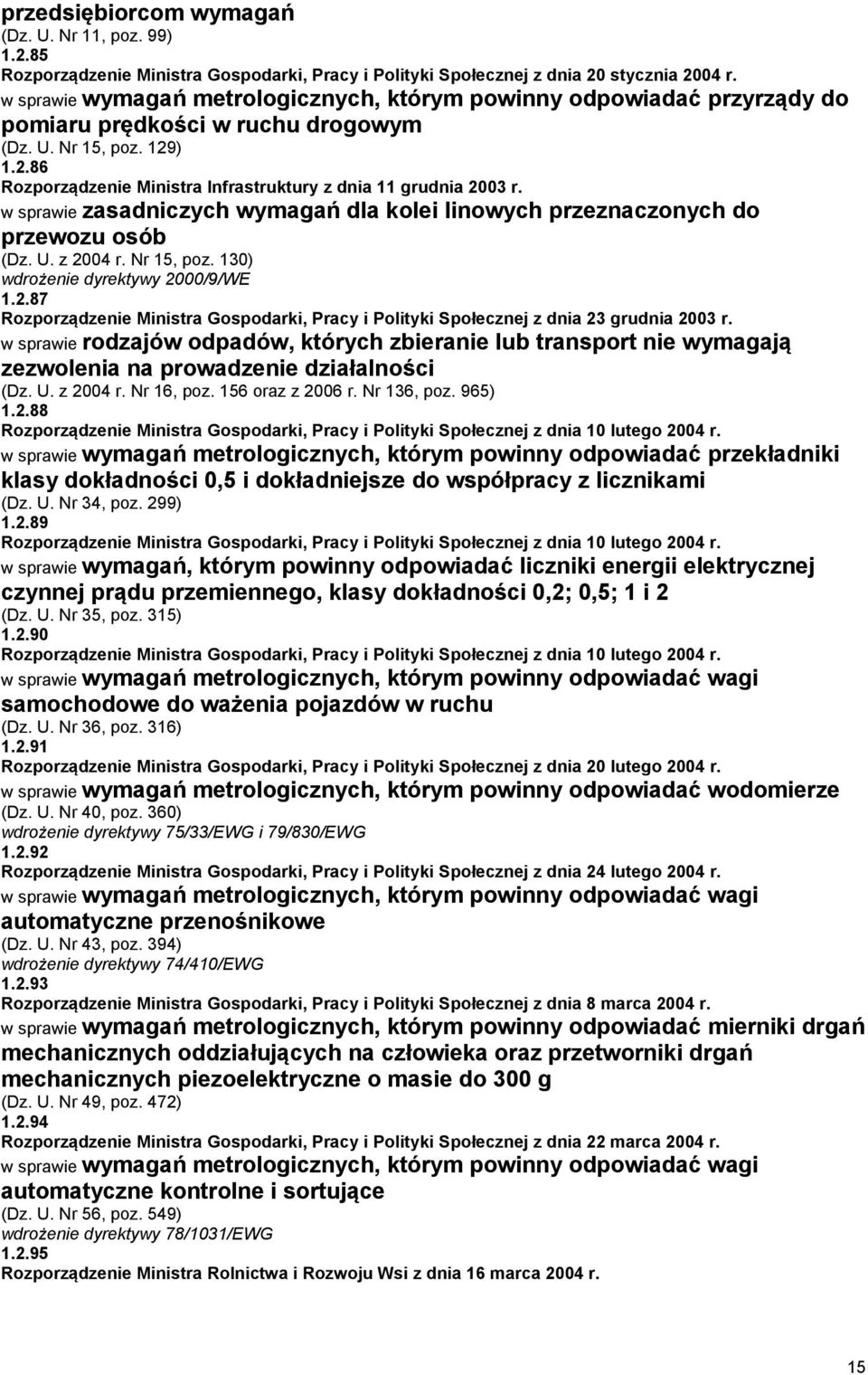 w sprawie zasadniczych wymagań dla kolei linowych przeznaczonych do przewozu osób (Dz. U. z 2004 r. Nr 15, poz. 130) wdrożenie dyrektywy 2000/9/WE 1.2.87 Rozporządzenie Ministra Gospodarki, Pracy i Polityki Społecznej z dnia 23 grudnia 2003 r.