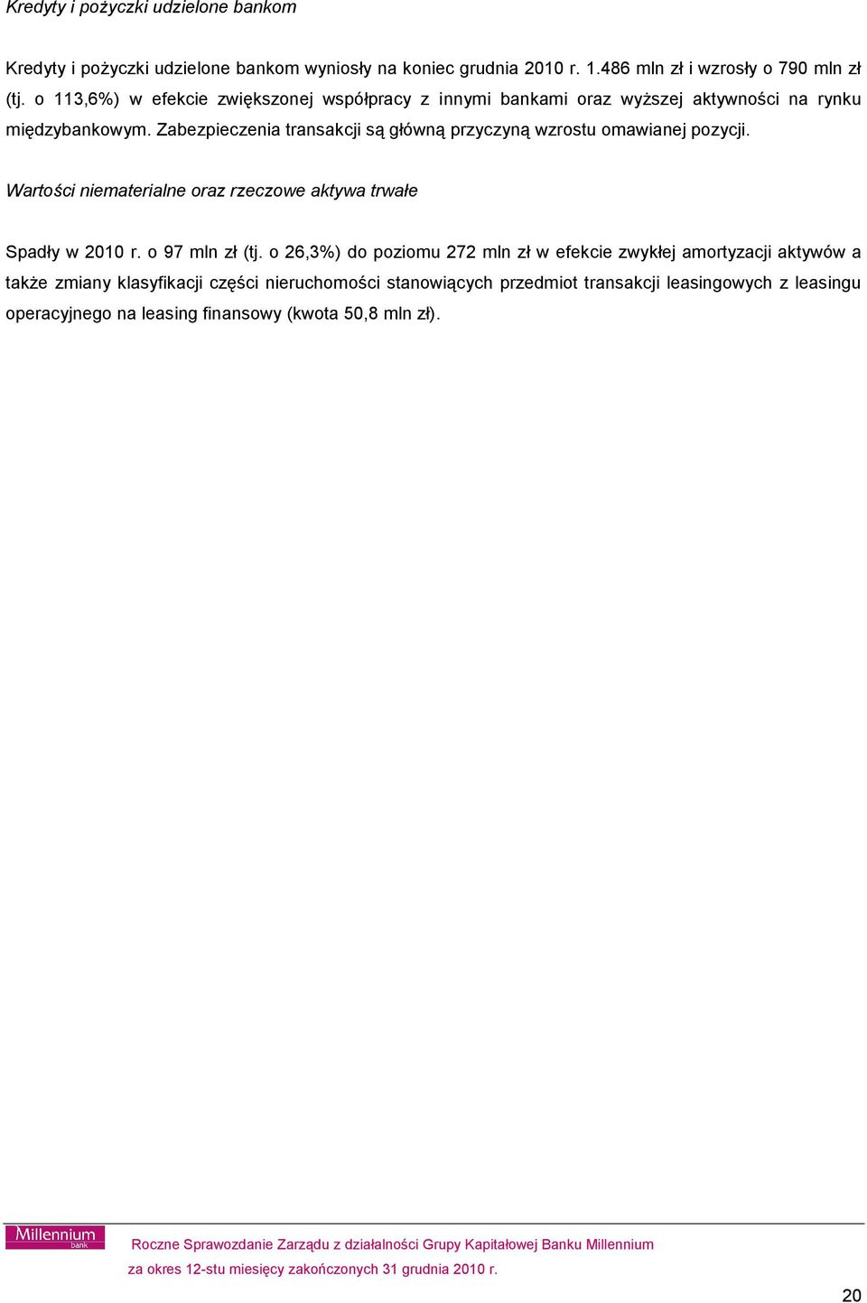 Zabezpieczenia transakcji są główną przyczyną wzrostu omawianej pozycji. Wartości niematerialne oraz rzeczowe aktywa trwałe Spadły w 2010 r. o 97 mln zł (tj.