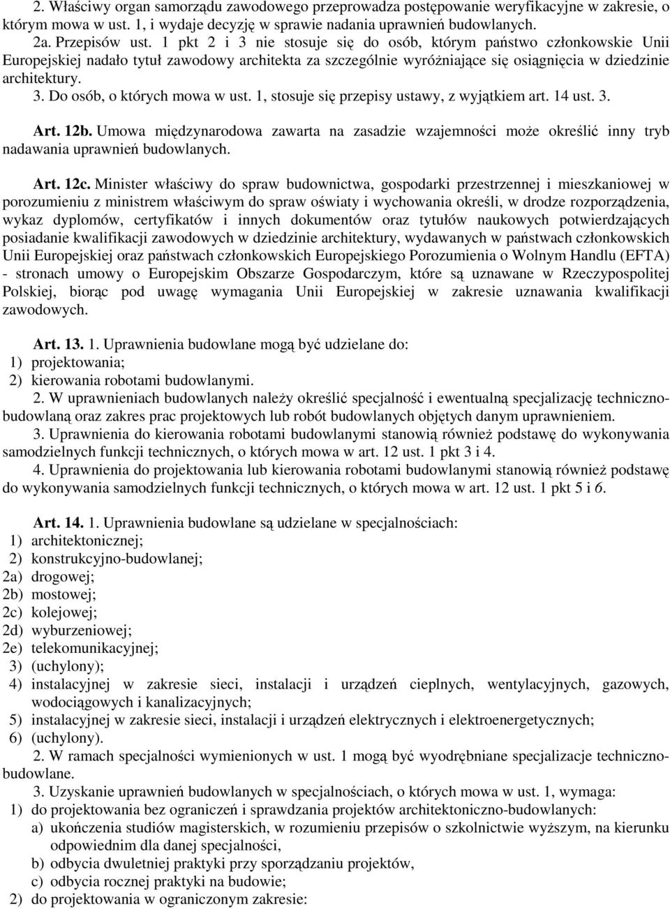 1, stosuje się przepisy ustawy, z wyjątkiem art. 14 ust. 3. Art. 12b. Umowa międzynarodowa zawarta na zasadzie wzajemności może określić inny tryb nadawania uprawnień budowlanych. Art. 12c.