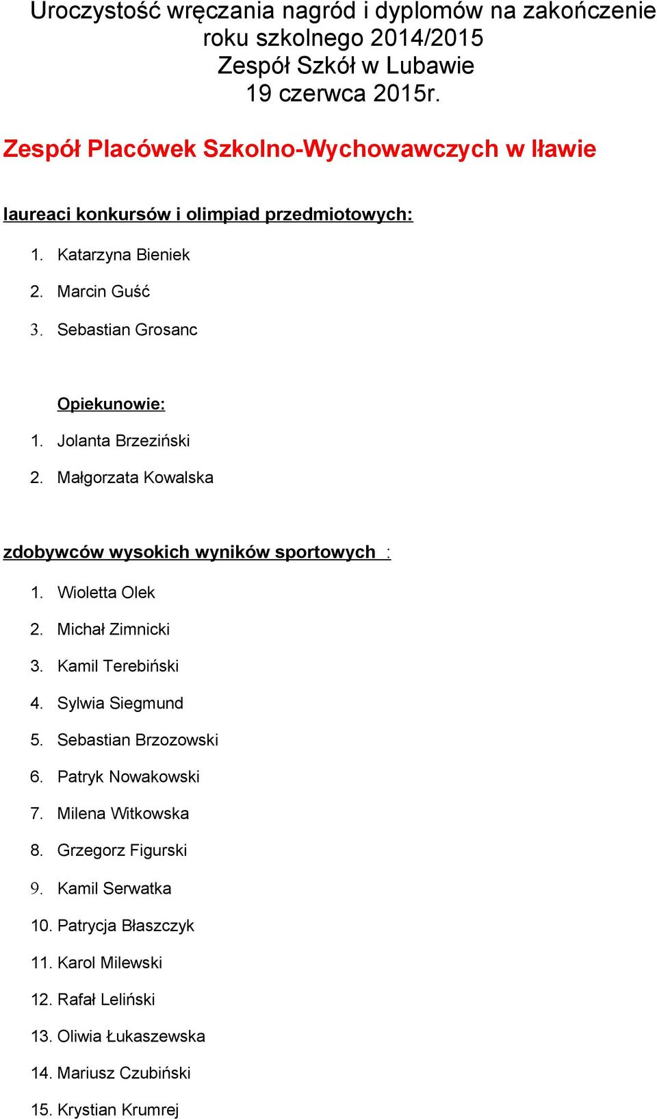 Jolanta Brzeziński 2. Małgorzata Kowalska zdobywców wysokich wyników sportowych : 1. Wioletta Olek 2. Michał Zimnicki 3. Kamil Terebiński 4. Sylwia Siegmund 5.