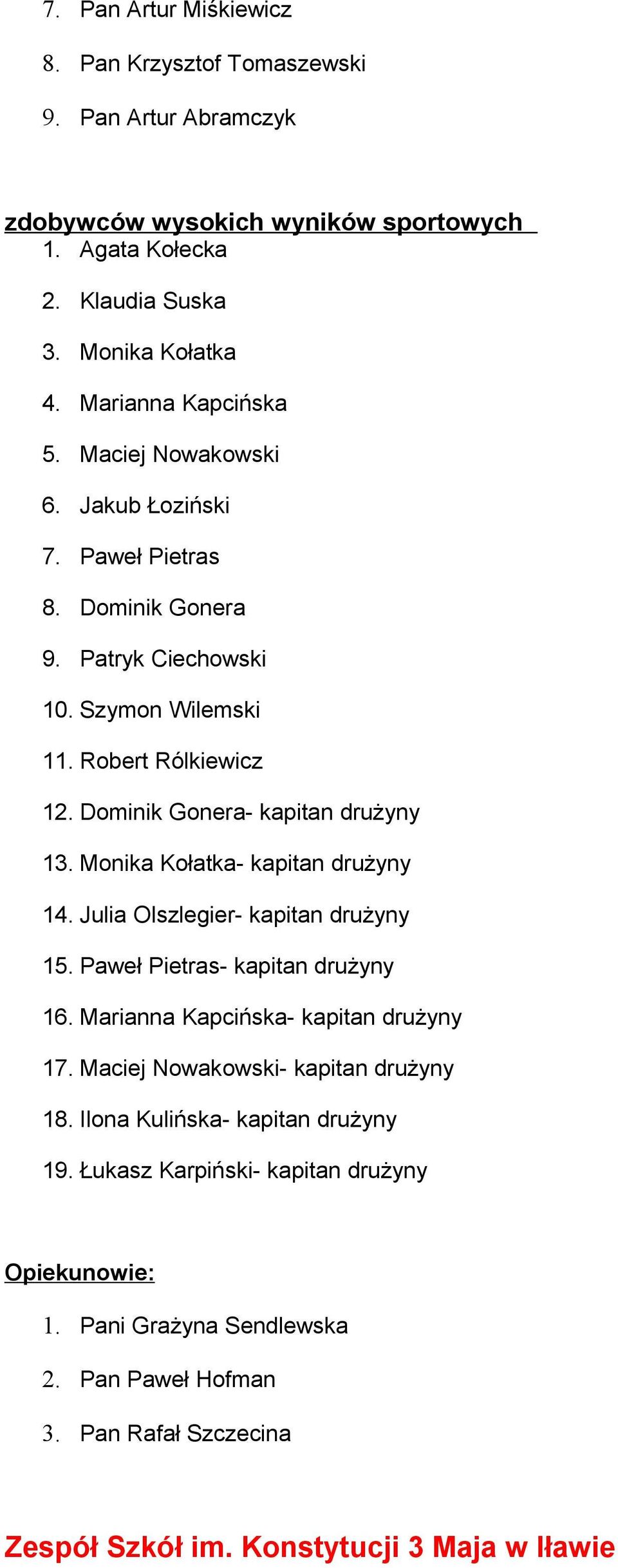 Dominik Gonera- kapitan drużyny 13. Monika Kołatka- kapitan drużyny 14. Julia Olszlegier- kapitan drużyny 15. Paweł Pietras- kapitan drużyny 16. Marianna Kapcińska- kapitan drużyny 17.