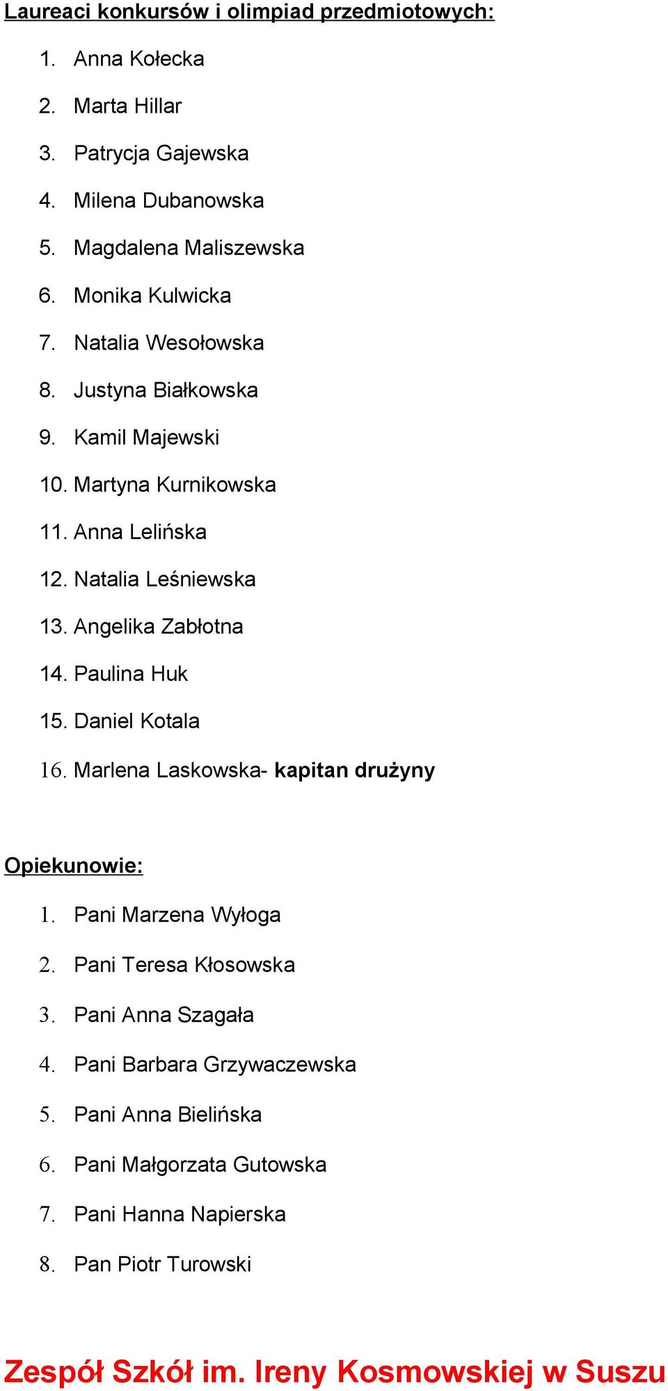 Angelika Zabłotna 14. Paulina Huk 15. Daniel Kotala 16. Marlena Laskowska- kapitan drużyny 1. Pani Marzena Wyłoga 2. Pani Teresa Kłosowska 3.