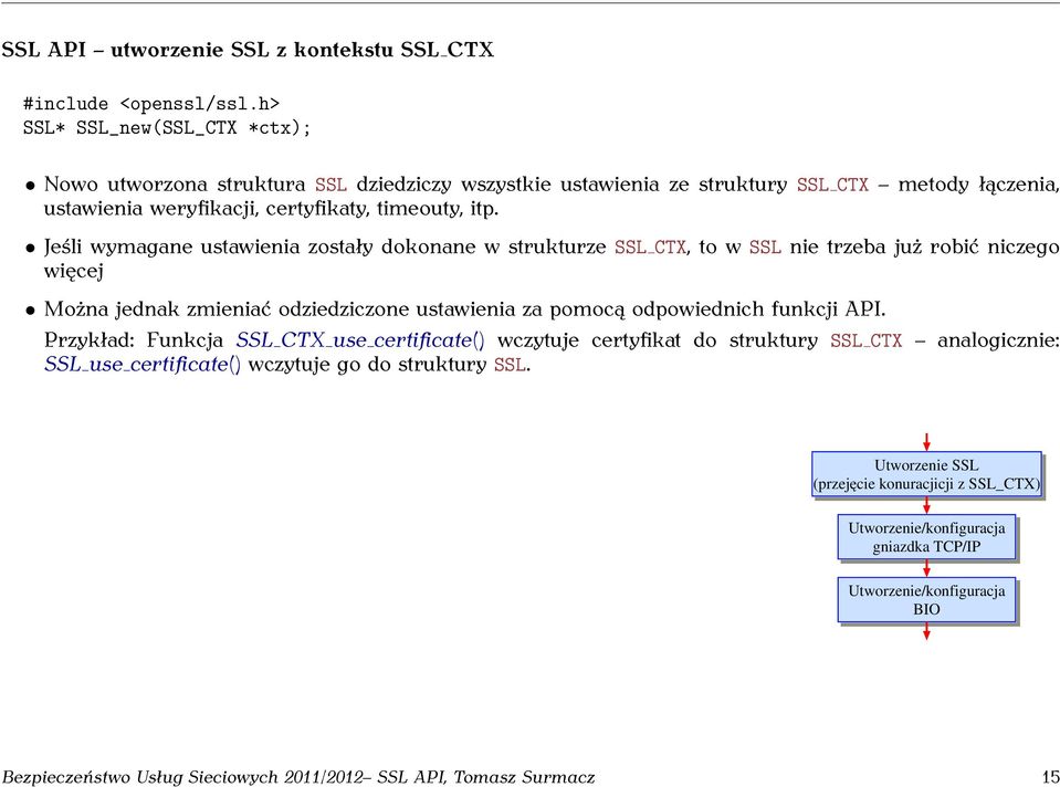 Jeśli wymagane ustawienia zostały dokonane w strukturze SSL CTX, to w SSL nie trzeba już robić niczego więcej Można jednak zmieniać odziedziczone ustawienia za pomocą odpowiednich funkcji API.