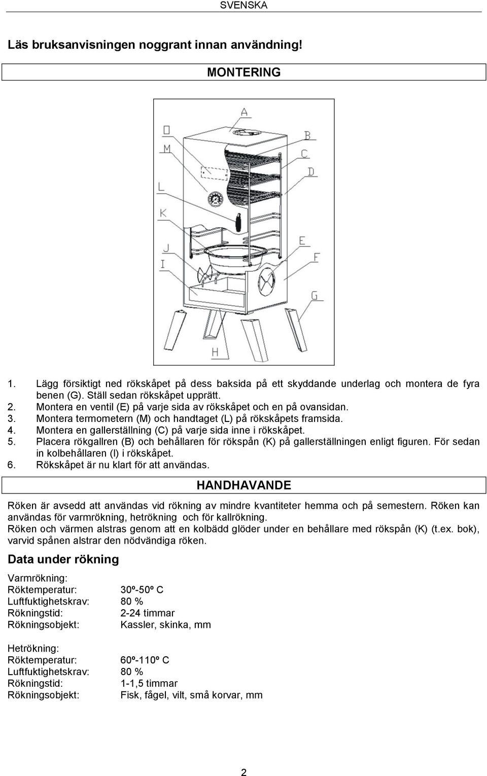 Montera en gallerställning (C) på varje sida inne i rökskåpet. 5. Placera rökgallren (B) och behållaren för rökspån (K) på gallerställningen enligt figuren. För sedan in kolbehållaren (I) i rökskåpet.