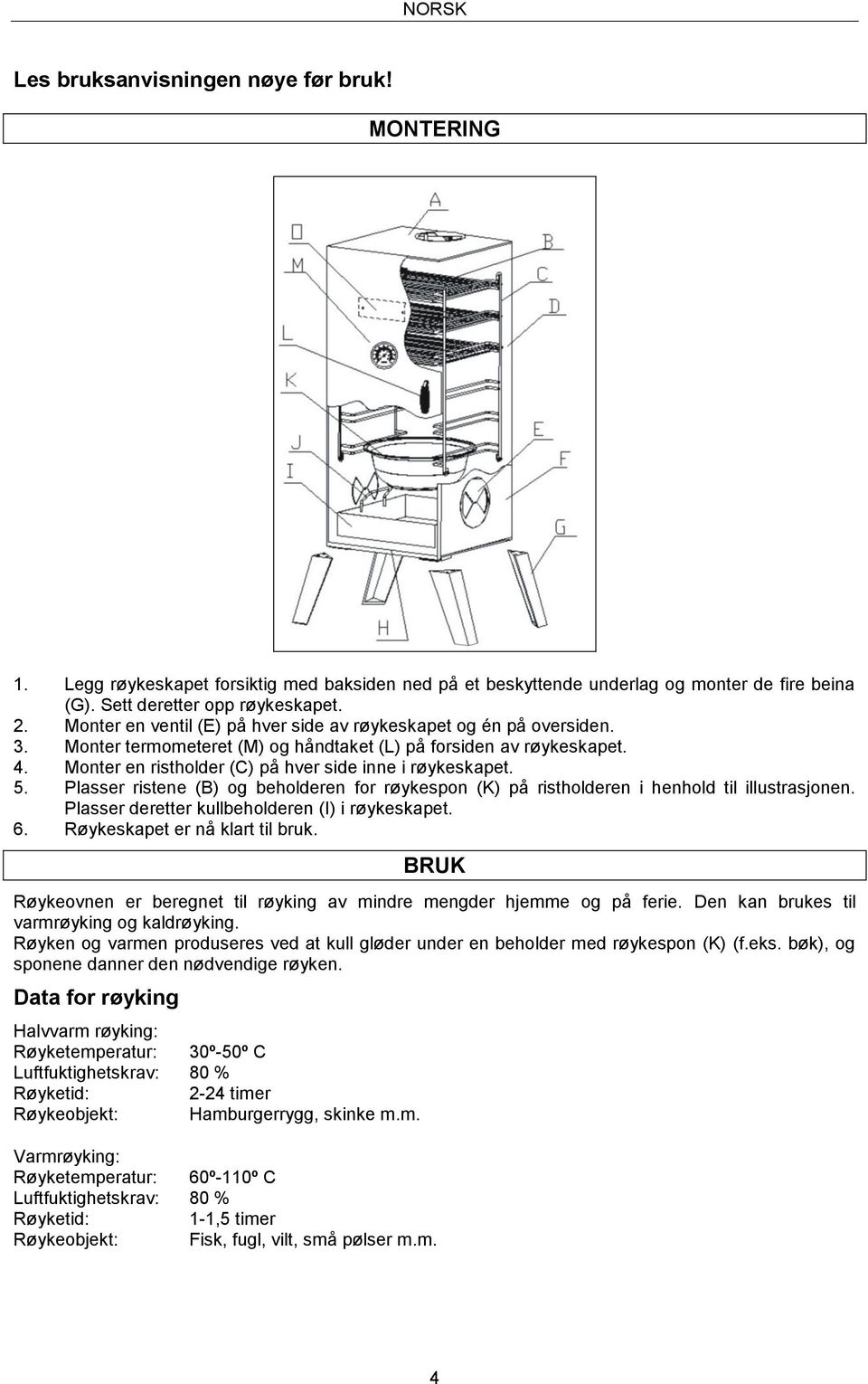 Monter en ristholder (C) på hver side inne i røykeskapet. 5. Plasser ristene (B) og beholderen for røykespon (K) på ristholderen i henhold til illustrasjonen.