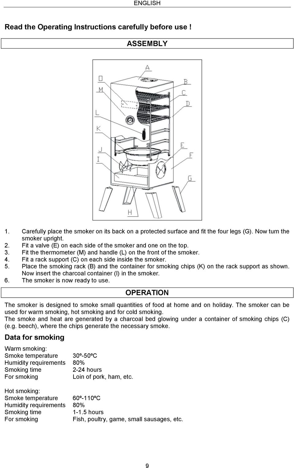 Place the smoking rack (B) and the container for smoking chips (K) on the rack support as shown. Now insert the charcoal container (I) in the smoker. 6. The smoker is now ready to use.