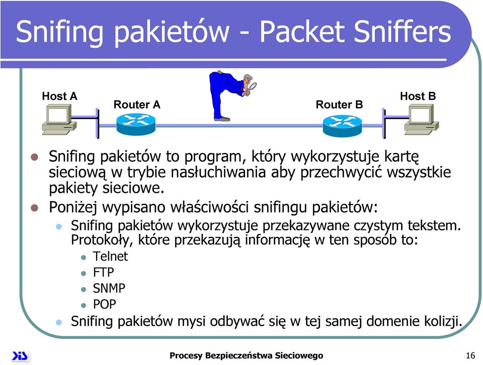 Poniżej wypisano właściwości snifingu pakietów: Snifing pakietów wykorzystuje przekazywane czystym tekstem.