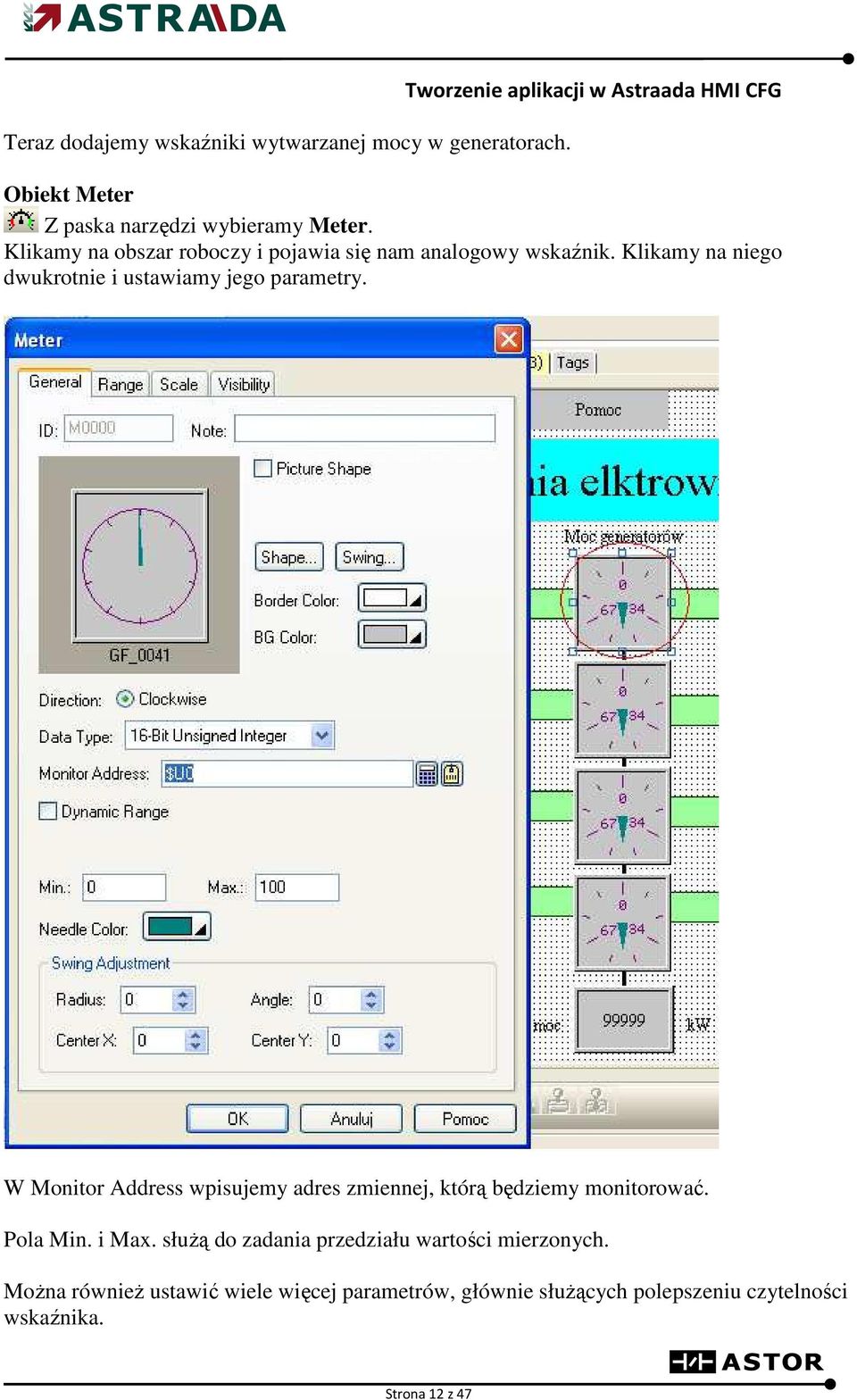 Klikamy na obszar roboczy i pojawia się nam analogowy wskaźnik. Klikamy na niego dwukrotnie i ustawiamy jego parametry.