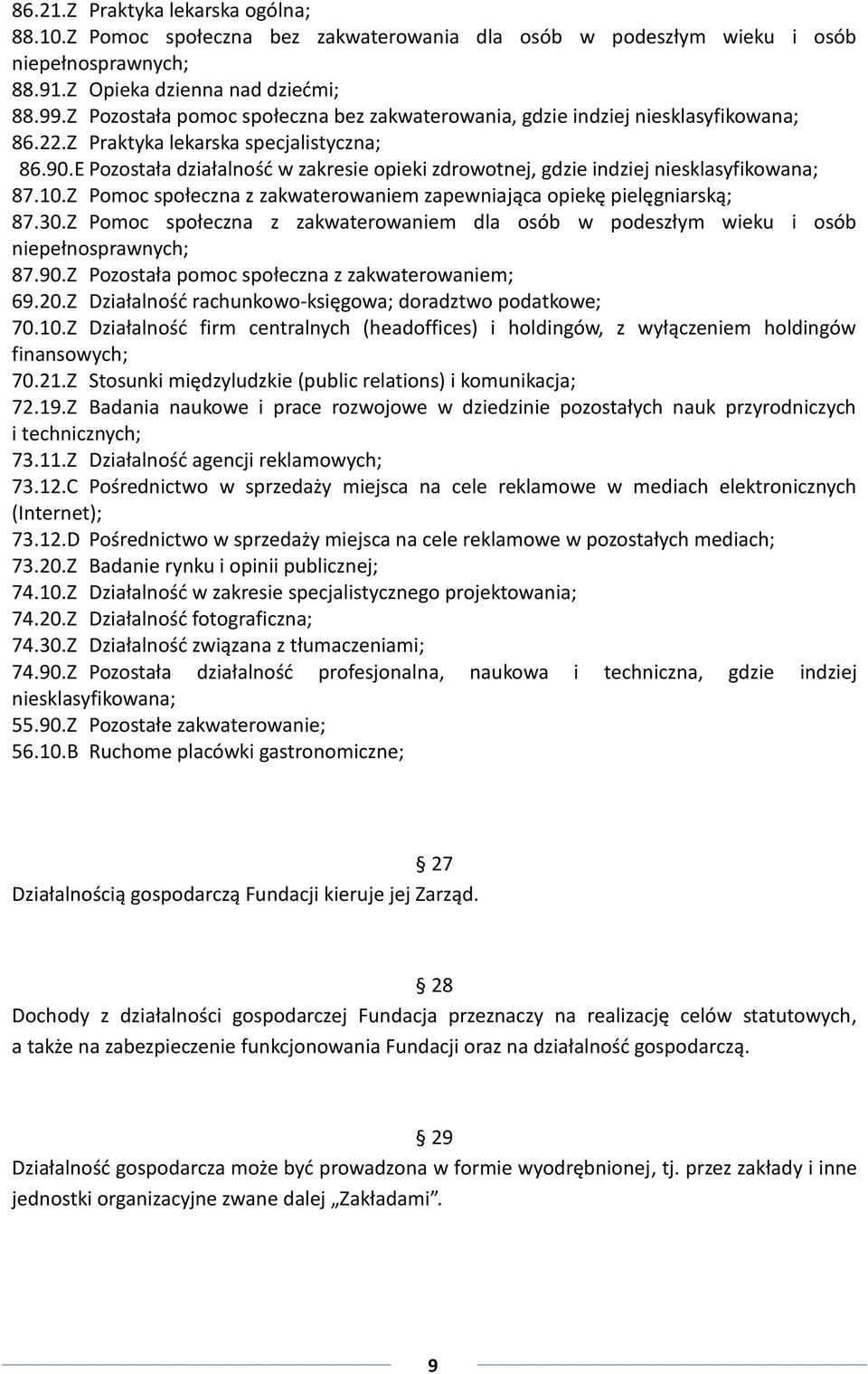 E Pozostała działalność w zakresie opieki zdrowotnej, gdzie indziej niesklasyfikowana; 87.10.Z Pomoc społeczna z zakwaterowaniem zapewniająca opiekę pielęgniarską; 87.30.