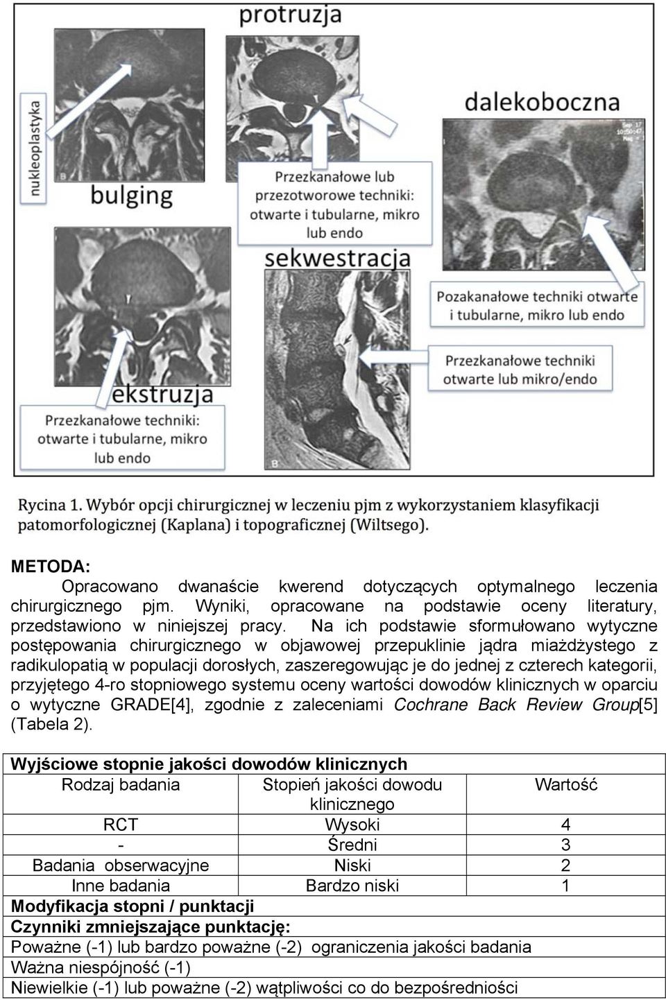 przyjętego 4-ro stopniowego systemu oceny wartości dowodów klinicznych w oparciu o wytyczne GRADE[4], zgodnie z zaleceniami Cochrane Back Review Group[5] (Tabela 2).