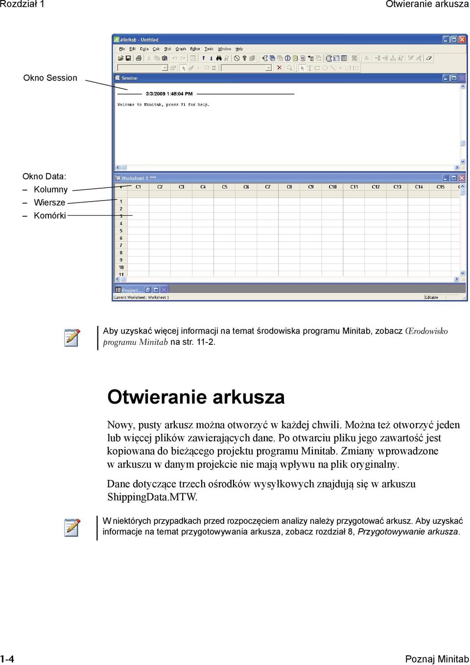 Po otwarciu pliku jego zawartość jest kopiowana do bieżącego projektu programu Minitab. Zmiany wprowadzone w arkuszu w danym projekcie nie mają wpływu na plik oryginalny.