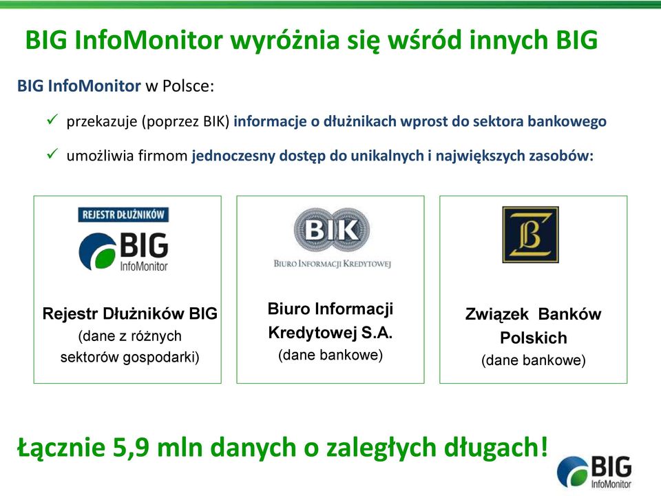 i największych zasobów: Rejestr Dłużników BIG (dane z różnych sektorów gospodarki) Biuro Informacji