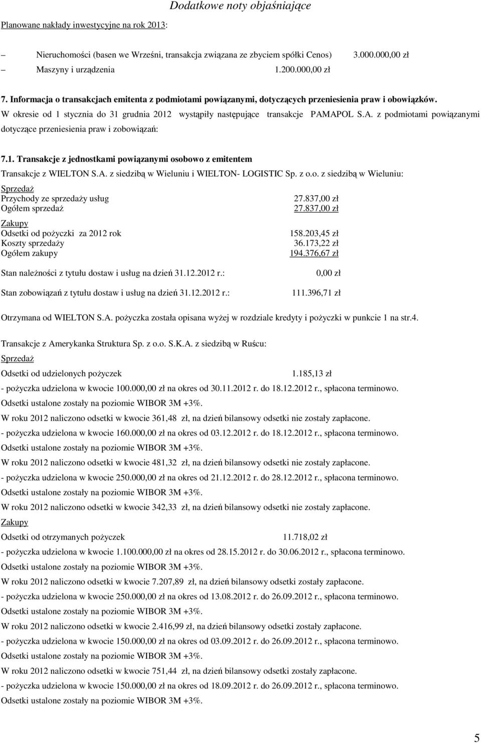 W okresie od 1 stycznia do 31 grudnia 2012 wystąpiły następujące transakcje PAMAPOL S.A. z podmiotami powiązanymi dotyczące przeniesienia praw i zobowiązań: 7.1. Transakcje z jednostkami powiązanymi osobowo z emitentem Transakcje z WIELTON S.