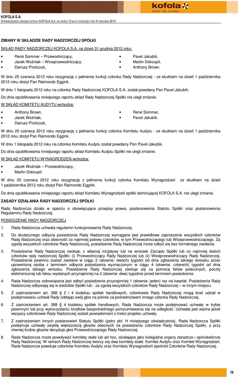 W dniu 1 listopada 2012 roku na członka Rady Nadzorczej KOFOLA S.A. został powołany Pan Pavel Jakubík. Do dnia opublikowania niniejszego raportu skład Rady Nadzorczej Spółki nie uległ zmianie.