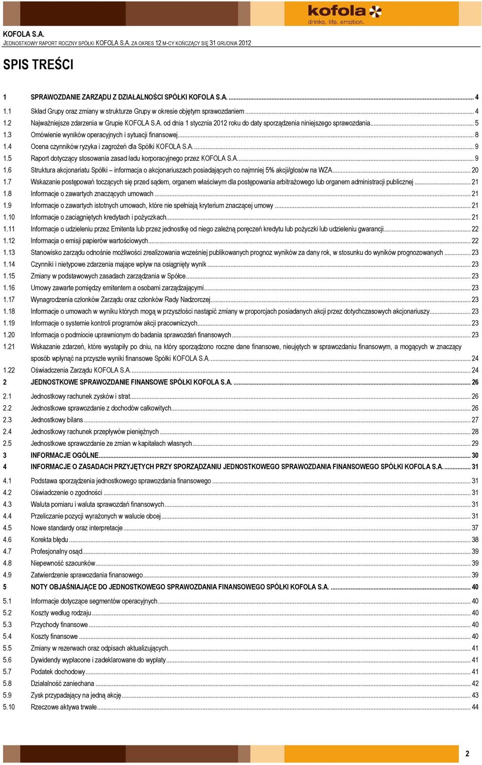 S.A. od dnia 1 stycznia 2012 roku do daty sporządzenia niniejszego sprawozdania... 5 1.3 Omówienie wyników operacyjnych i sytuacji finansowej... 8 1.