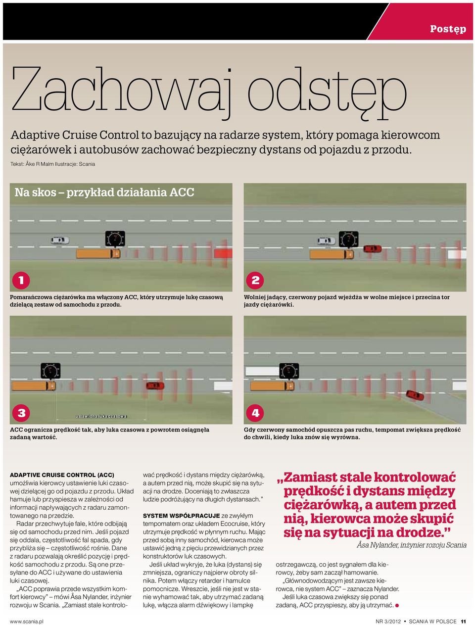 Wolniej jadący, czerwony pojazd wjeżdża w wolne miejsce i przecina tor jazdy ciężarówki. 3 ustawiona luka czasowa 4 ACC ogranicza prędkość tak, aby luka czasowa z powrotem osiągnęła zadaną wartość.