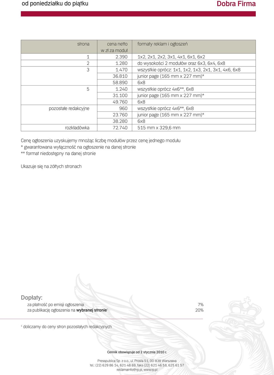 760 6x8 pozostałe redakcyjne 960 wszystkie oprócz 4x6**, 6x8 23.760 junior page (165 mm x 227 mm)* 38.280 6x8 rozkładówka 72.