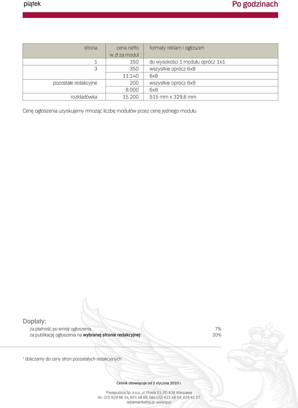 200 515 mm x 329,6 mm Cenę ogłoszenia uzyskujemy mnożąc liczbę modułów przez cenę jednego modułu Dopłaty: za płatność po