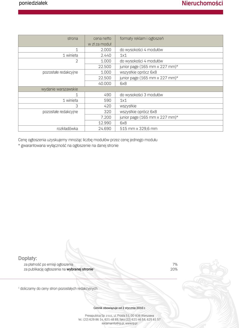 000 6x8 wydanie warszawskie 1 490 do wysokości 3 modułów 1 winieta 590 1x1 3 420 wszystkie pozostałe redakcyjne 320 wszystkie oprócz 6x8 7.200 junior page (165 mm x 227 mm)* 12.
