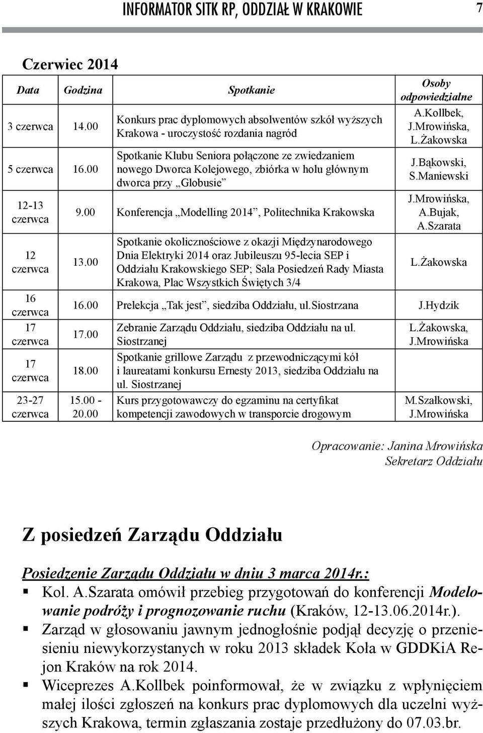 ze zwiedzaniem nowego Dworca Kolejowego, zbiórka w holu głównym dworca przy Globusie 9.00 Konferencja Modelling 2014, Politechnika Krakowska 13.