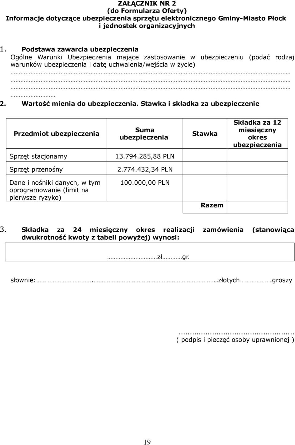 Wartość mienia do ubezpieczenia. Stawka i składka za ubezpieczenie Przedmiot ubezpieczenia Suma ubezpieczenia Stawka Składka za 12 miesięczny okres ubezpieczenia Sprzęt stacjonarny 13.794.