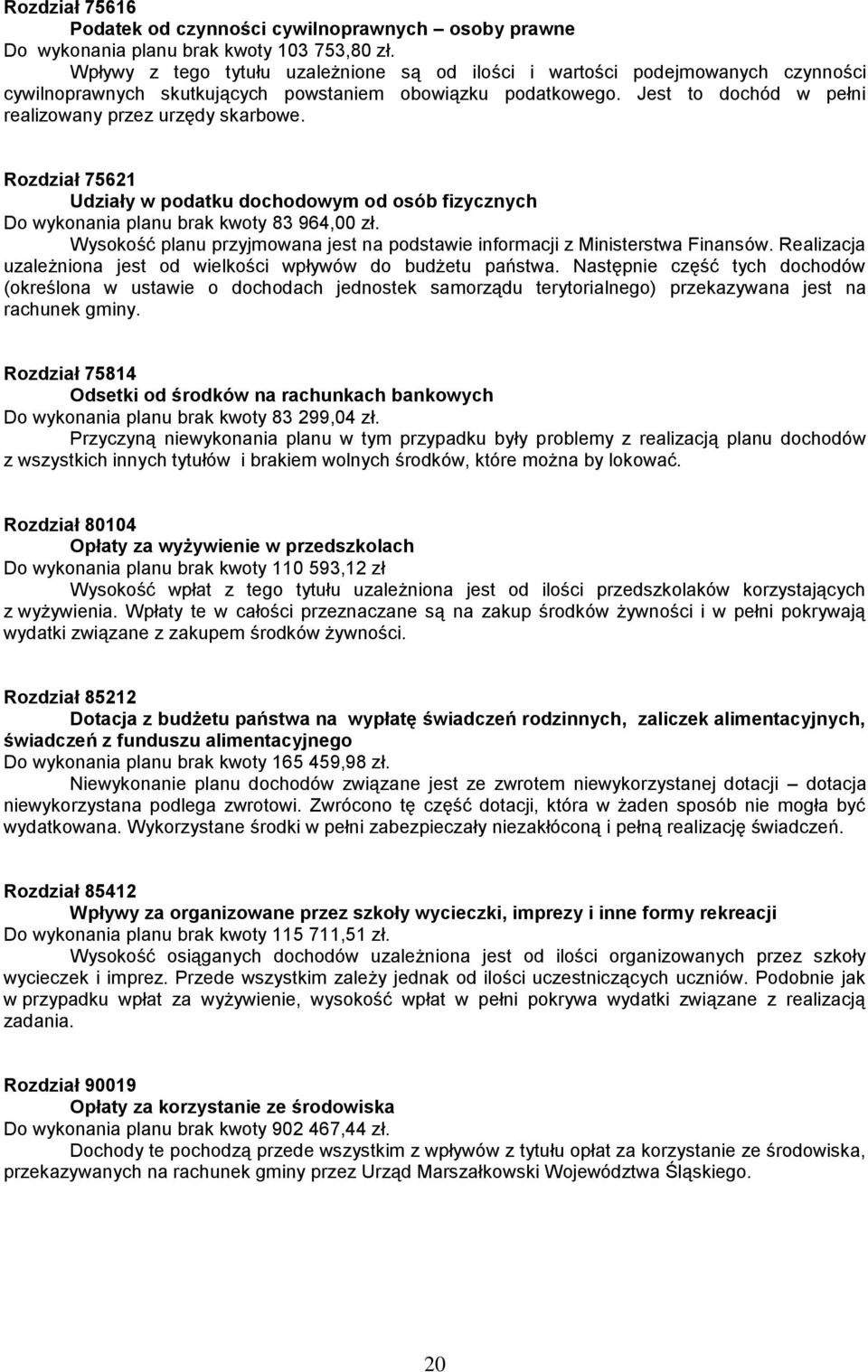 Jest to dochód w pełni realizowany przez urzędy skarbowe. Rozdział 75621 Udziały w podatku dochodowym od osób fizycznych Do brak kwoty 83 964,00 zł.