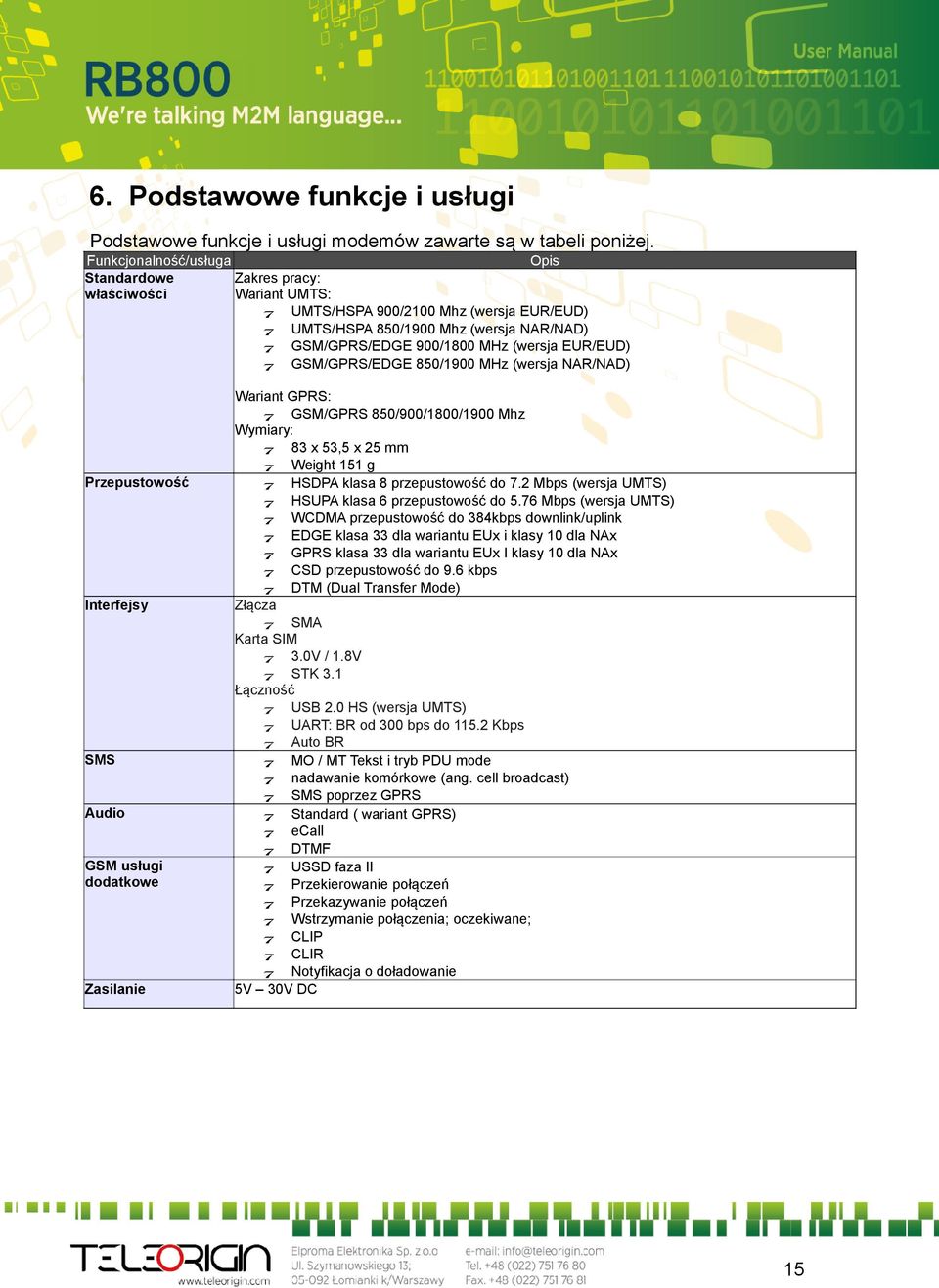 EUR/EUD) GSM/GPRS/EDGE 850/1900 MHz (wersja NAR/NAD) Przepustowość Interfejsy SMS Audio GSM usługi dodatkowe Zasilanie Wariant GPRS: GSM/GPRS 850/900/1800/1900 Mhz Wymiary: 83 x 53,5 x 25 mm Weight