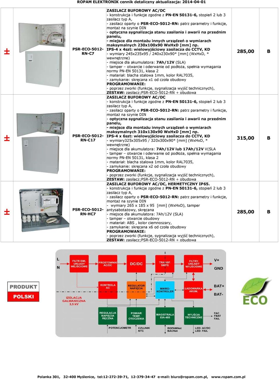 PSR-ECO-5012- IPS-4 x 4szt: wielowyjściowy zasilacza do CCTV, KD 285,00 B RN-C7 - wymiary 245x235x95 / 240x230x90* [mm] (WxHxD, * wewnętrzne) - miejsce dla akumulatora: 7Ah/12V (SLA) - tamper