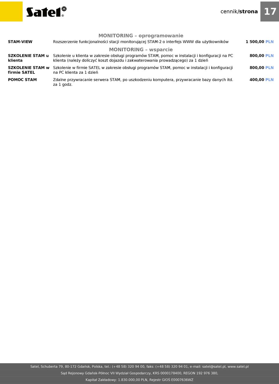 STAM-2 o interfejs WWW dla użytkowników MONITORING wsparcie Szkolenie u klienta w zakresie obsługi programów STAM, pomoc w instalacji i konfiguracji na PC klienta (należy