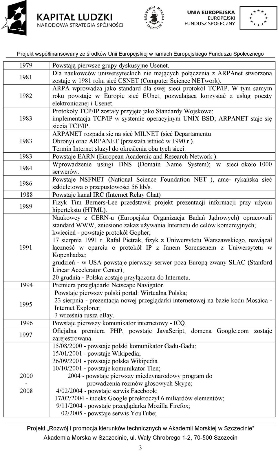 Protokoły TCP/IP zostały przyjęte jako Standardy Wojskowe; 1983 implementacja TCP/IP w systemie operacyjnym UNIX BSD; ARPANET staje się siecią TCP/IP.