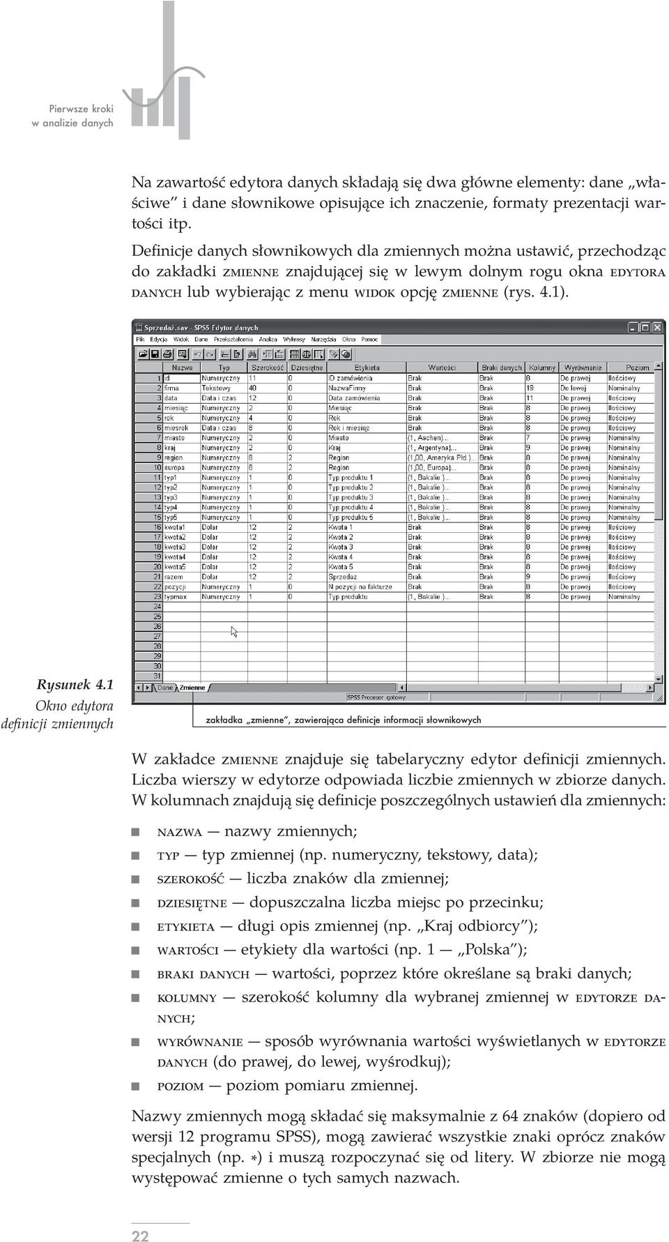 Rysunek 4.1 Okno edytora definicji zmiennych zakładka zmienne, zawierająca definicje informacji słownikowych W zakładce ZMIENNE znajduje się tabelaryczny edytor definicji zmiennych.
