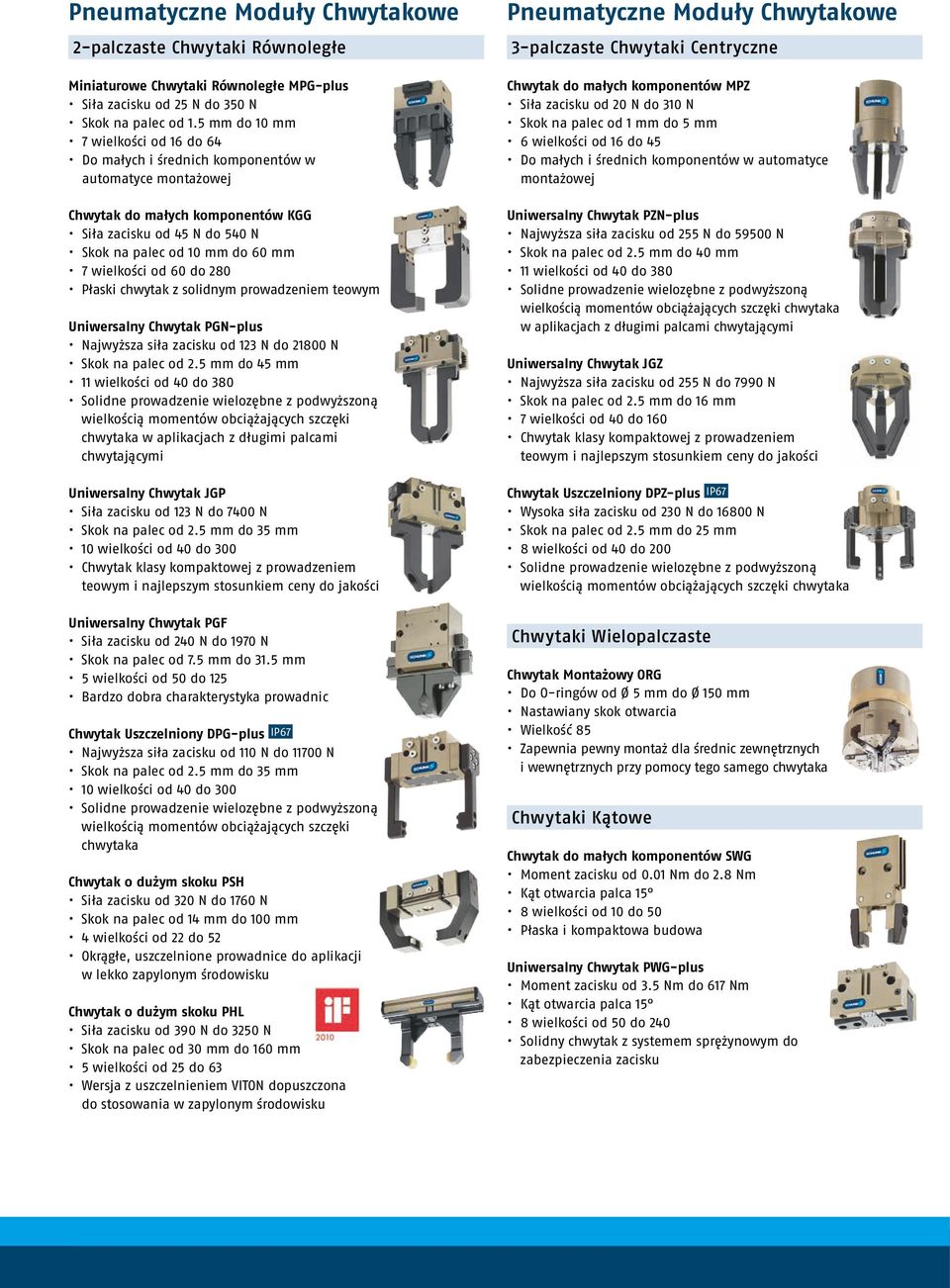 wielkości od 60 do 280 Płaski chwytak z solidnym prowadzeniem teowym Uniwersalny Chwytak PGN-plus Najwyższa siła zacisku od 123 N do 21800 N Skok na palec od 2.