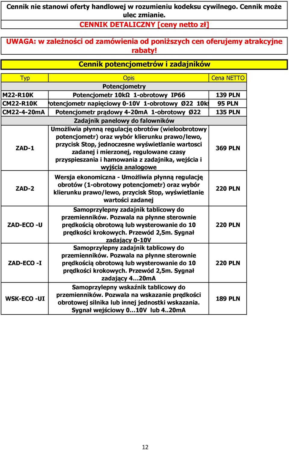 Typ Opis Cena NETTO M22-R10K Potencjometr 10kΩ 1-obrotowy IP66 139 PLN CM22-R10K Potencjometr napięciowy 0-10V 1-obrotowy Ø22 10kΩ 95 PLN CM22-4-20mA Potencjometr prądowy 4-20mA 1-obrotowy Ø22 135