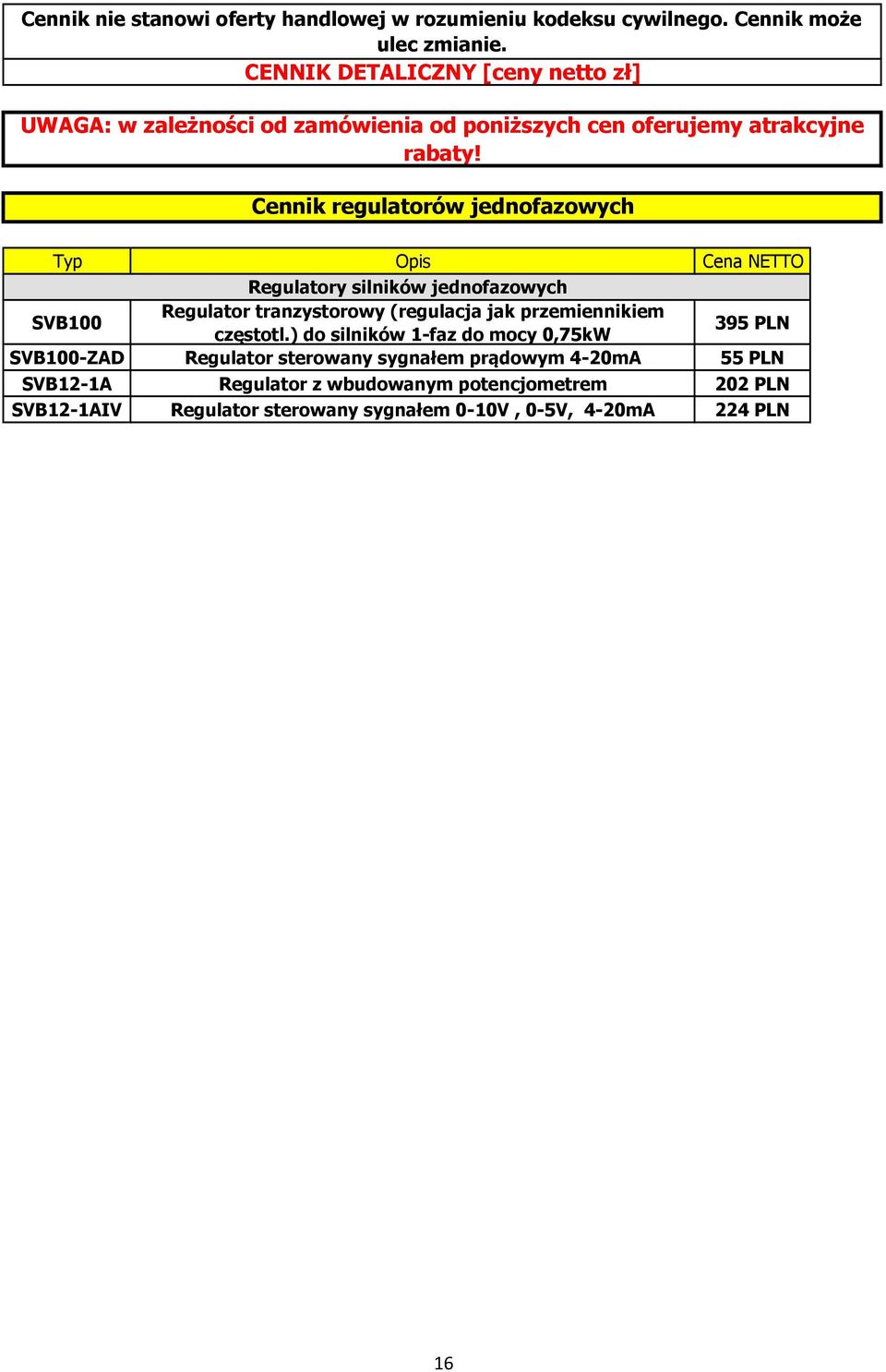 Cennik regulatorów jednofazowych Typ Opis Cena NETTO Regulatory silników jednofazowych SVB100 Regulator tranzystorowy (regulacja jak przemiennikiem