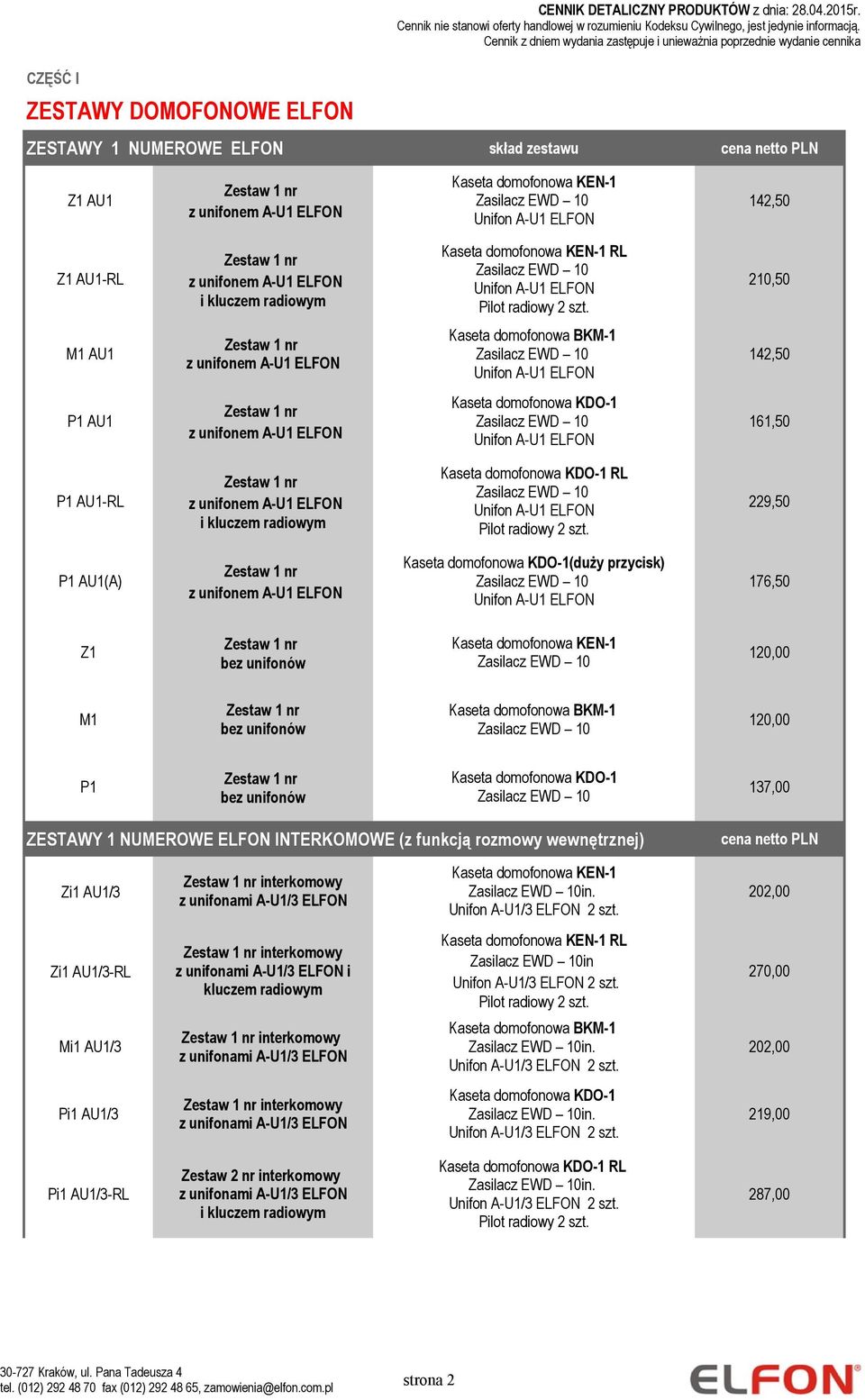 przycisk) P1 AU1(A) 176,50 Z1 120,00 M1 120,00 P1 137,00 ZESTAWY 1 NUMEROWE ELFON INTERKOMOWE (z funkcją rozmowy wewnętrznej) Zi1