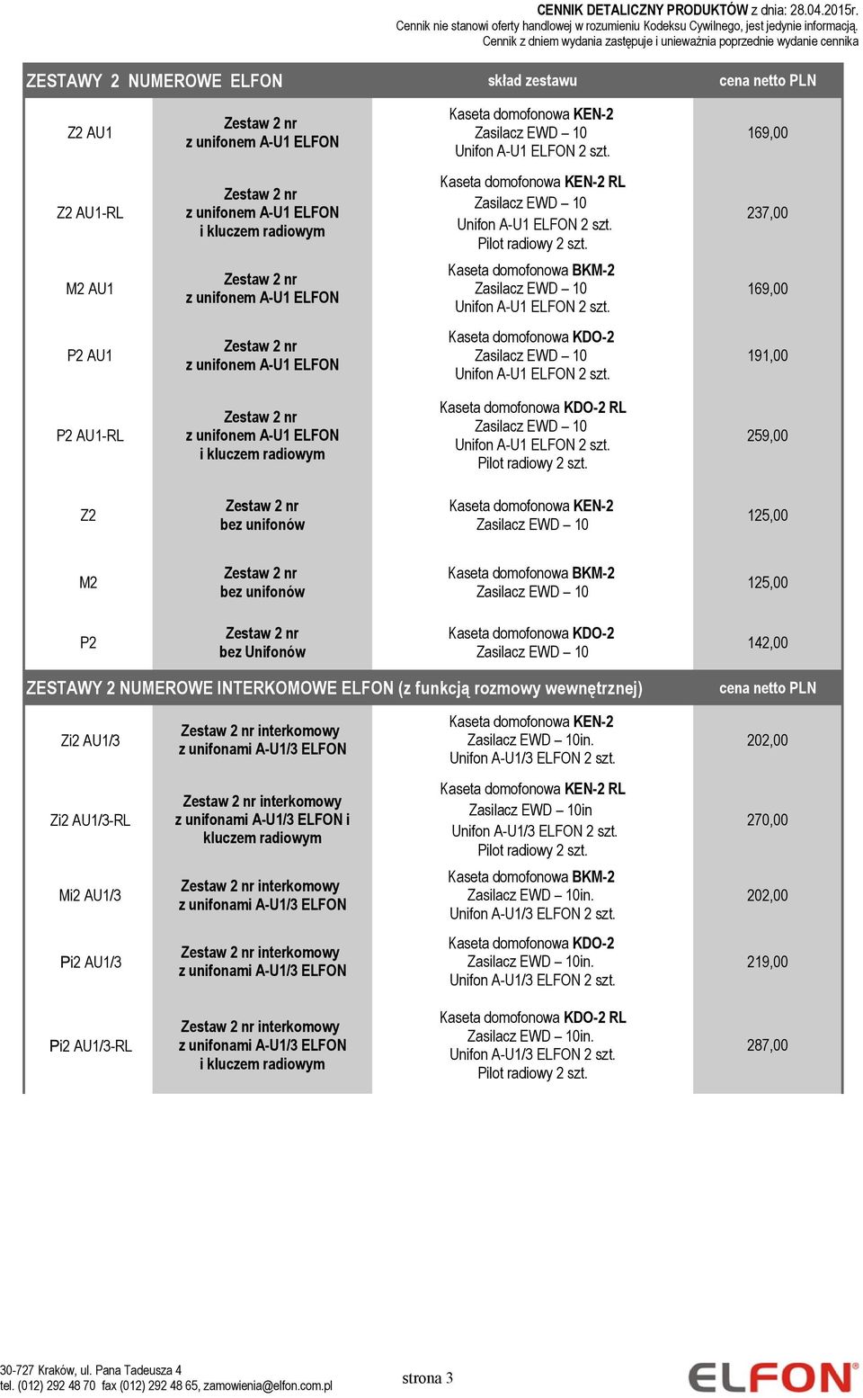 Z2 125,00 M2 125,00 P2 bez Unifonów 142,00 ZESTAWY 2 NUMEROWE INTERKOMOWE ELFON (z funkcją rozmowy wewnętrznej)