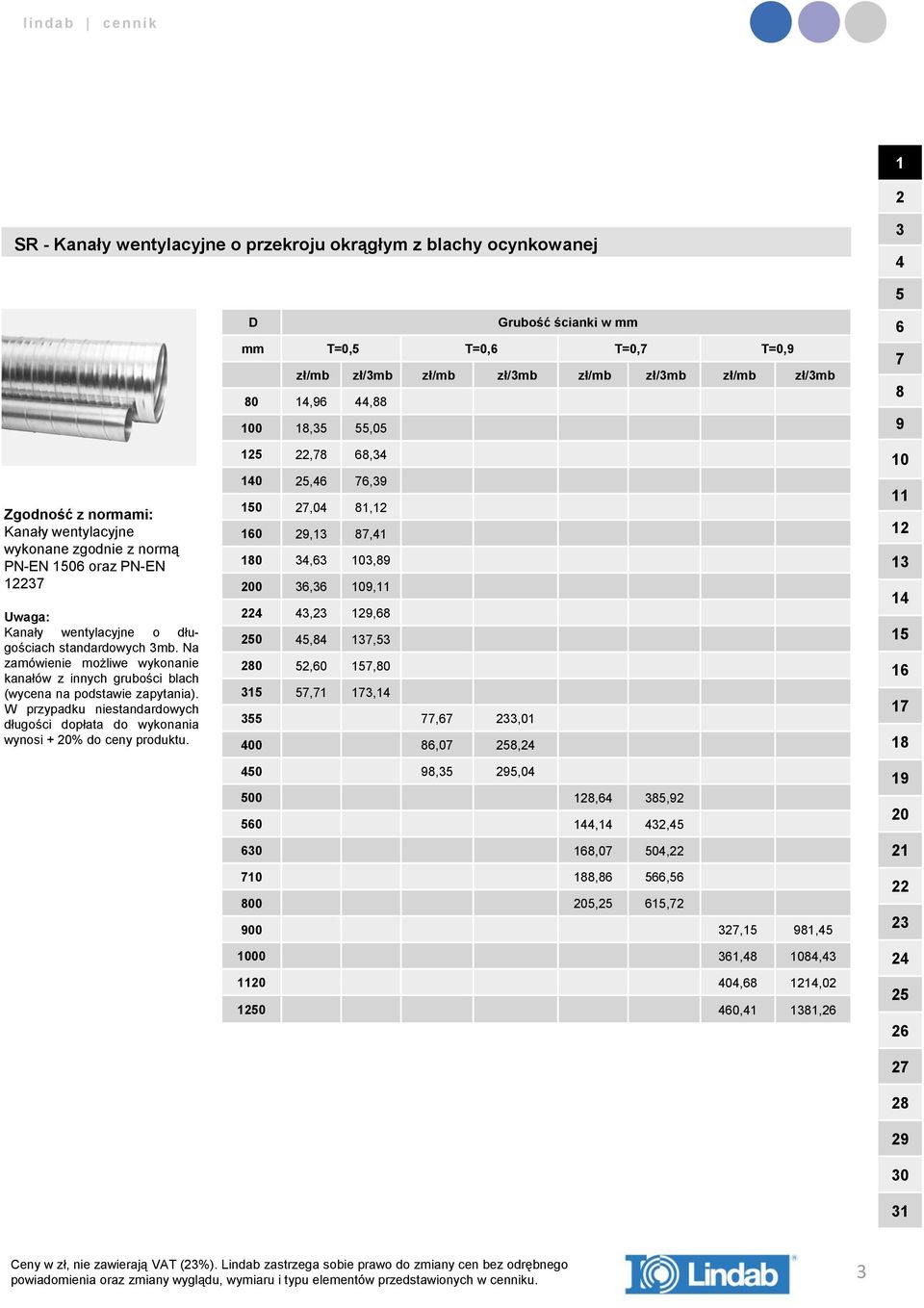 Na zamówienie możliwe wykonanie kanałów z innych grubości blach (wycena na podstawie zapytania).