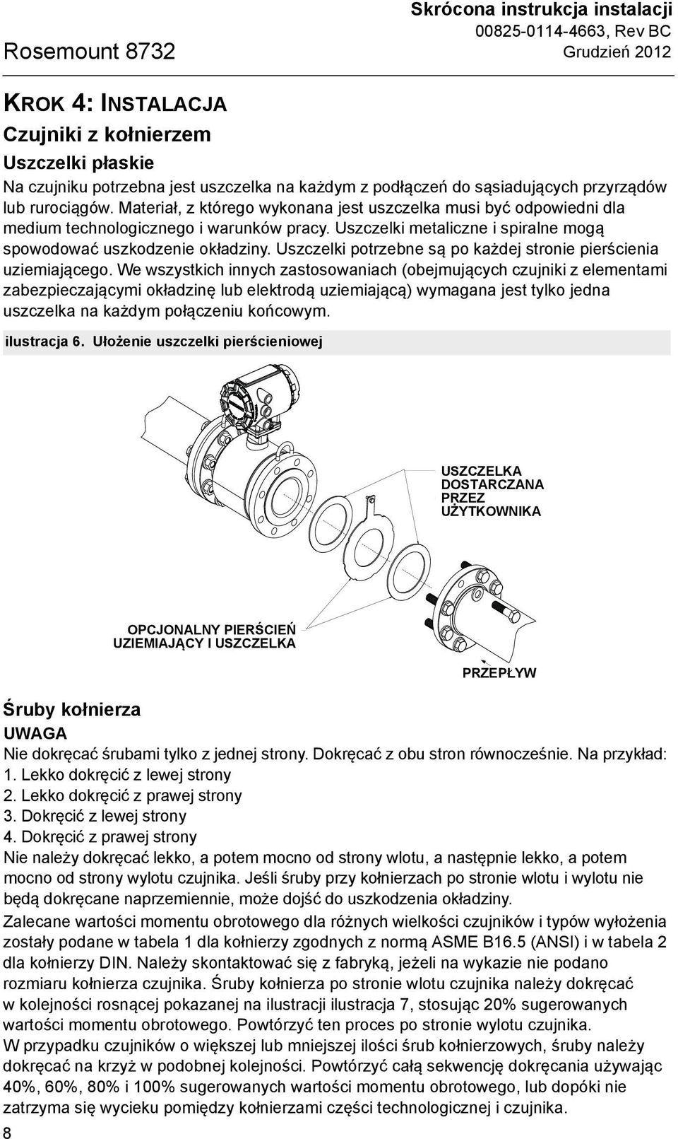 Uszczelki metaliczne i spiralne mogą spowodować uszkodzenie okładziny. Uszczelki potrzebne są po każdej stronie pierścienia uziemiającego.