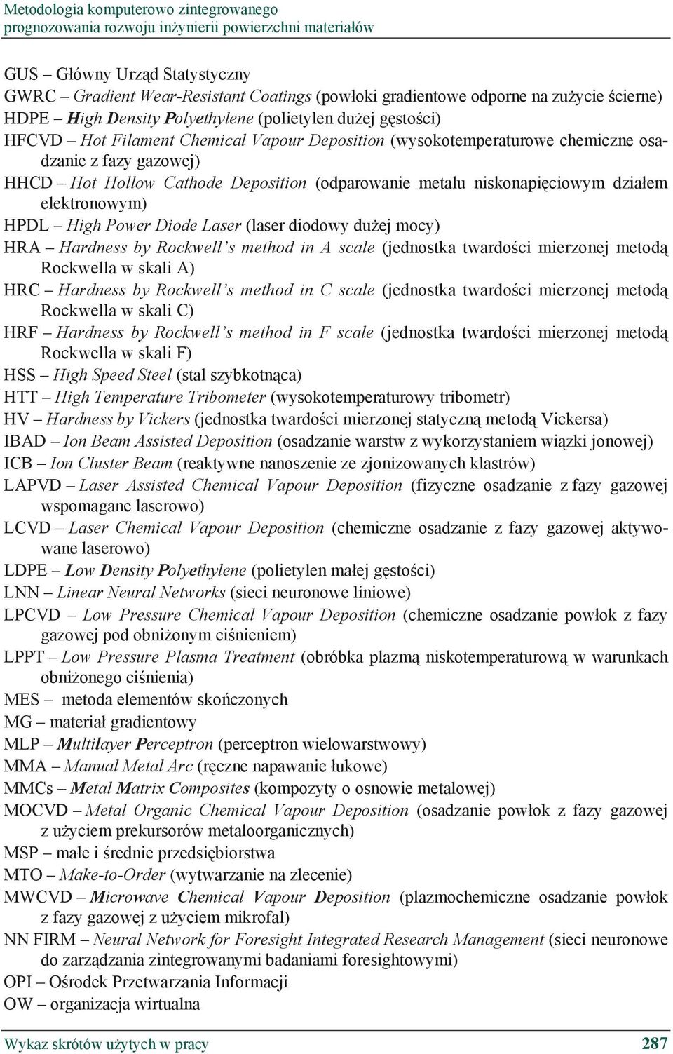 Deposition (odparowanie metalu niskonapi ciowym dzia em elektronowym) HPDL High Power Diode Laser (laser diodowy du ej mocy) HRA Hardness by Rockwell s method in A scale (jednostka twardo ci