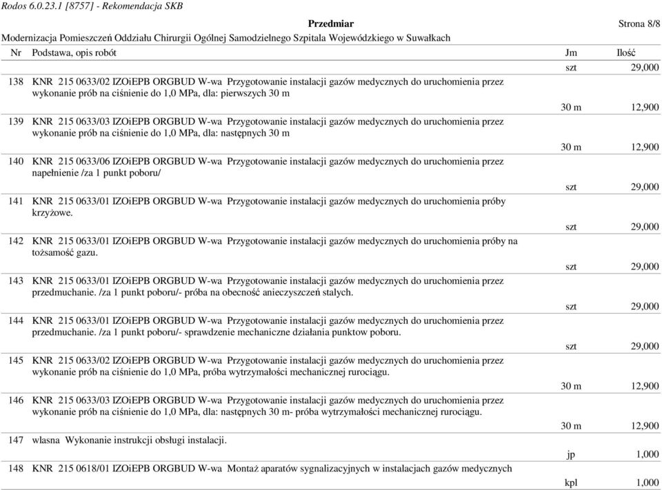 Przygotowanie instalacji gazów medycznych do uruchomienia przez napełnienie /za 1 punkt poboru/ 141 KNR 215 0633/01 IZOiEPB ORGBUD W-wa Przygotowanie instalacji gazów medycznych do uruchomienia próby