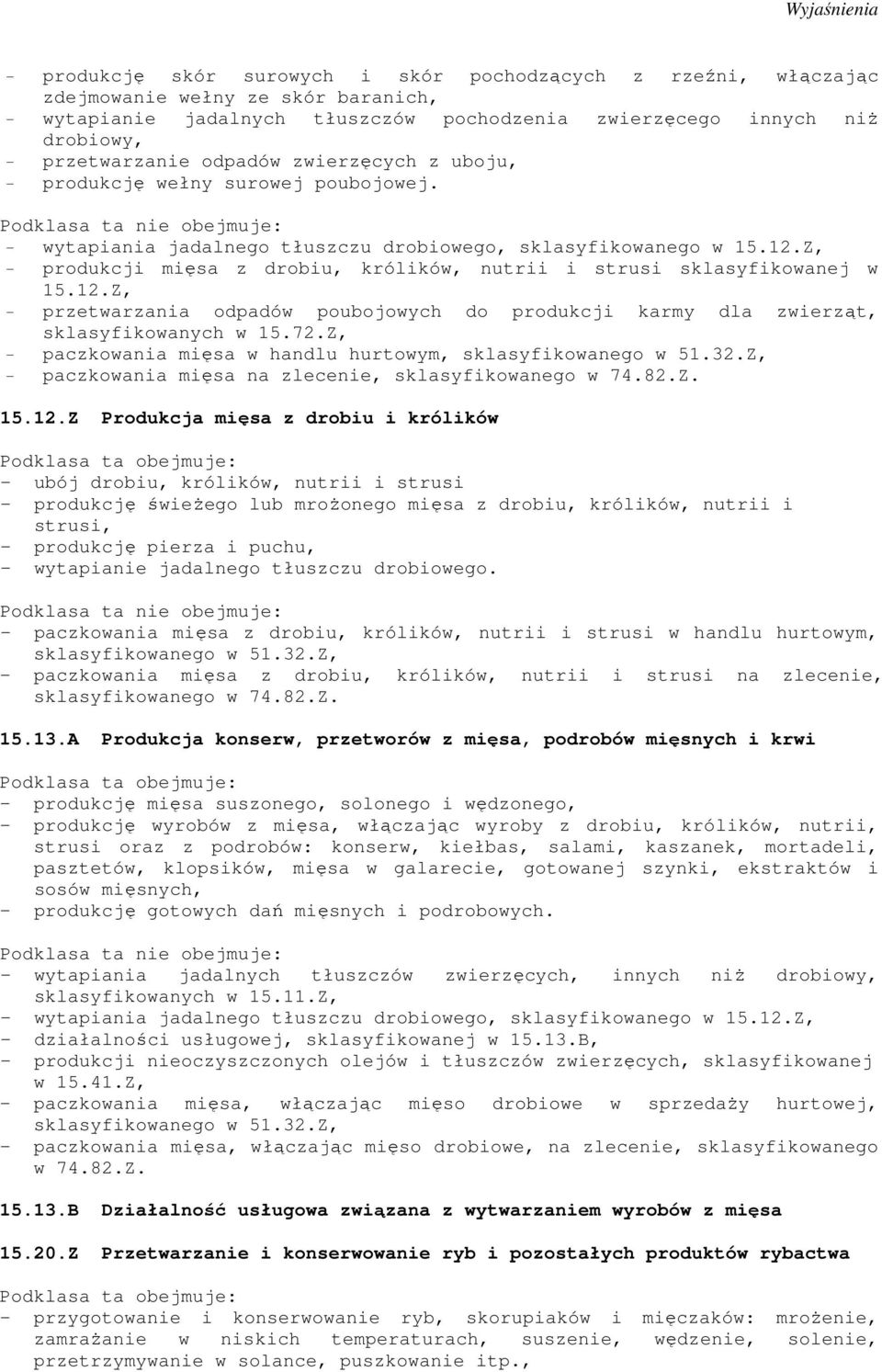 Z, - produkcji mięsa z drobiu, królików, nutrii i strusi sklasyfikowanej w 15.12.Z, - przetwarzania odpadów poubojowych do produkcji karmy dla zwierząt, sklasyfikowanych w 15.72.