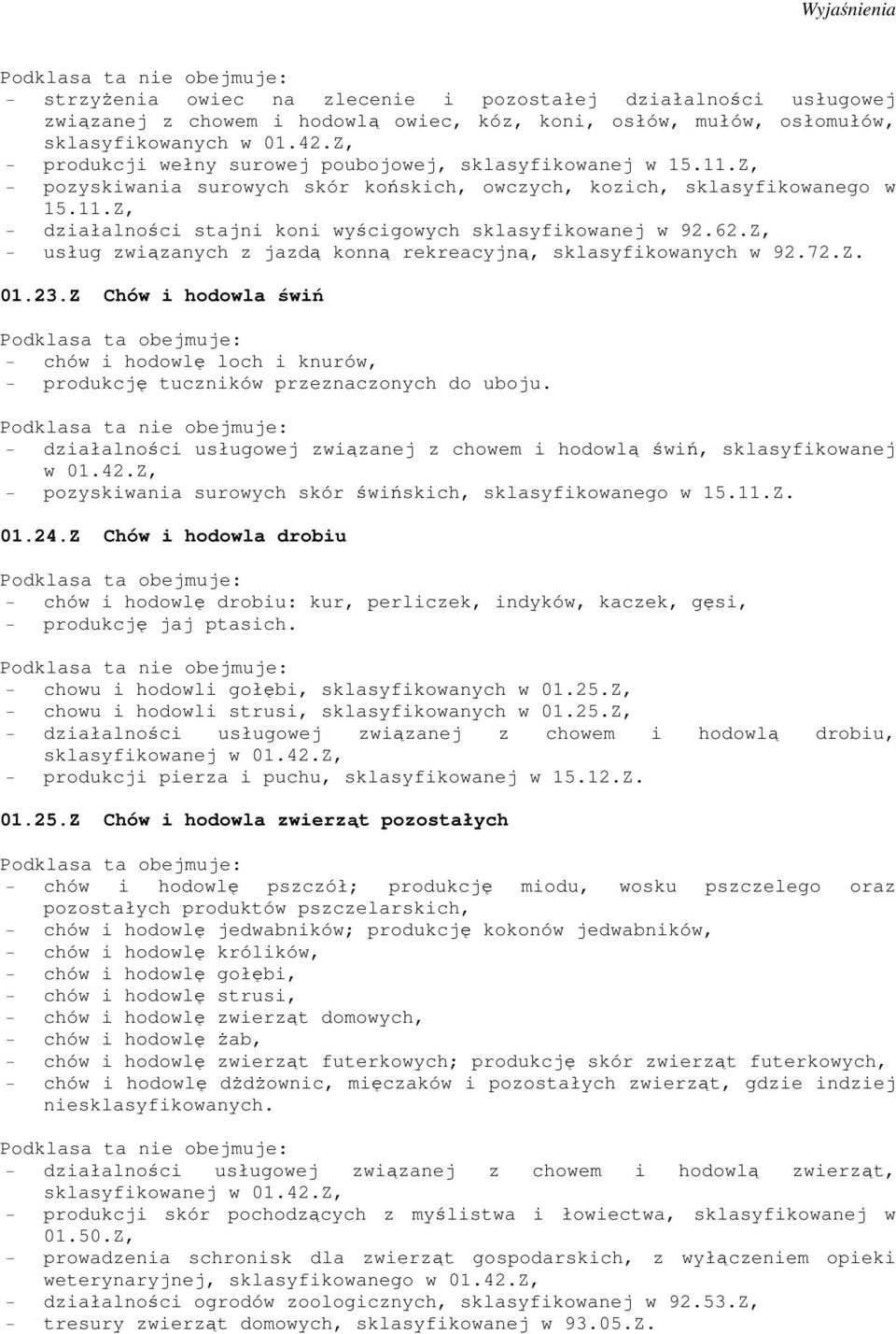 62.Z, - usług związanych z jazdą konną rekreacyjną, sklasyfikowanych w 92.72.Z. 01.23.Z Chów i hodowla świń - chów i hodowlę loch i knurów, - produkcję tuczników przeznaczonych do uboju.