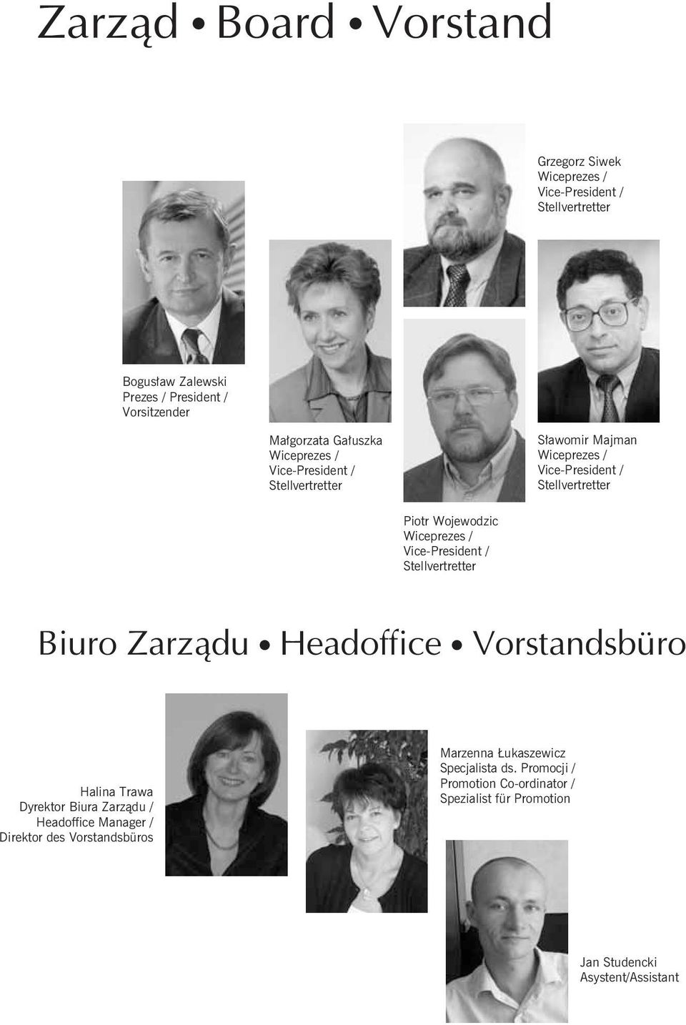 / Vice-President / Stellvertretter Biuro Zarz¹du Headoffice Vorstandsbüro Halina Trawa Dyrektor Biura Zarz¹du / Headoffice Manager / Direktor des