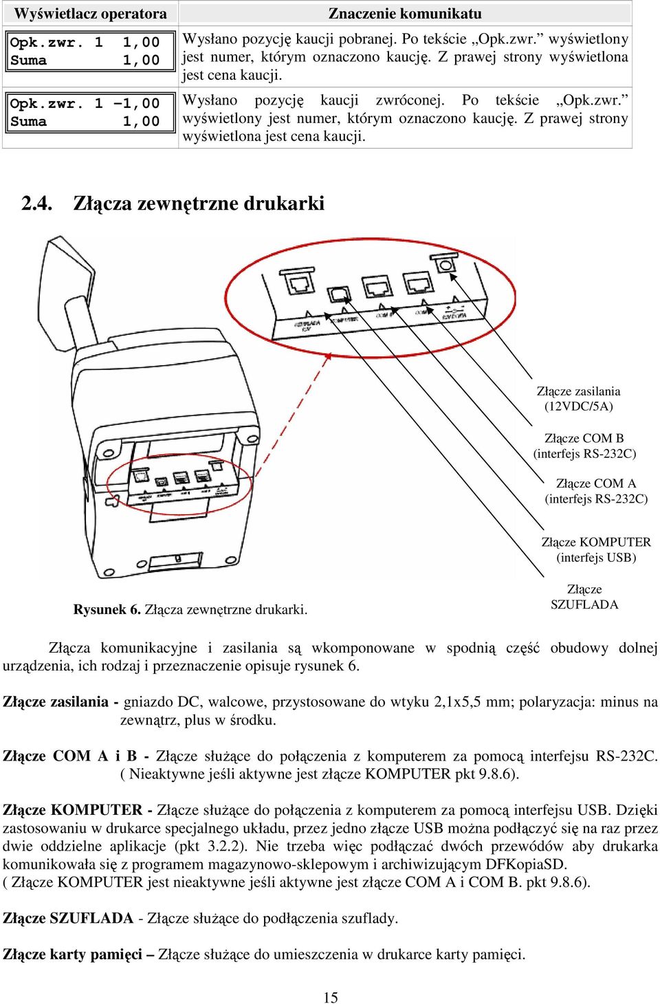 Złącza zewnętrzne drukarki Złącze zasilania (12VDC/5A) Złącze COM B (interfejs RS-232C) Złącze COM A (interfejs RS-232C) Złącze KOMPUTER (interfejs USB) Rysunek 6. Złącza zewnętrzne drukarki.