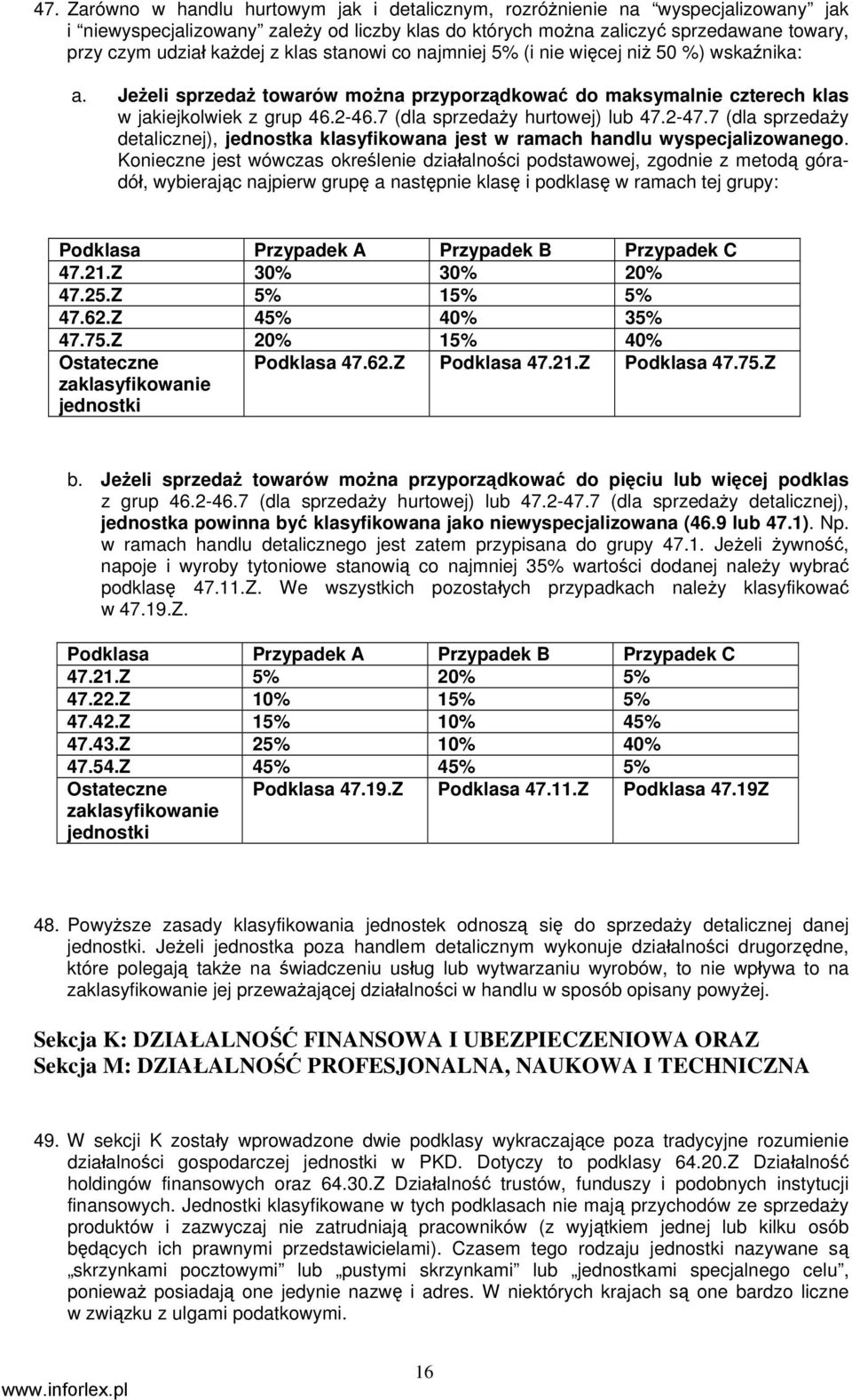 7 (dla sprzedaży hurtowej) lub 47.2-47.7 (dla sprzedaży detalicznej), jednostka klasyfikowana jest w ramach handlu wyspecjalizowanego.